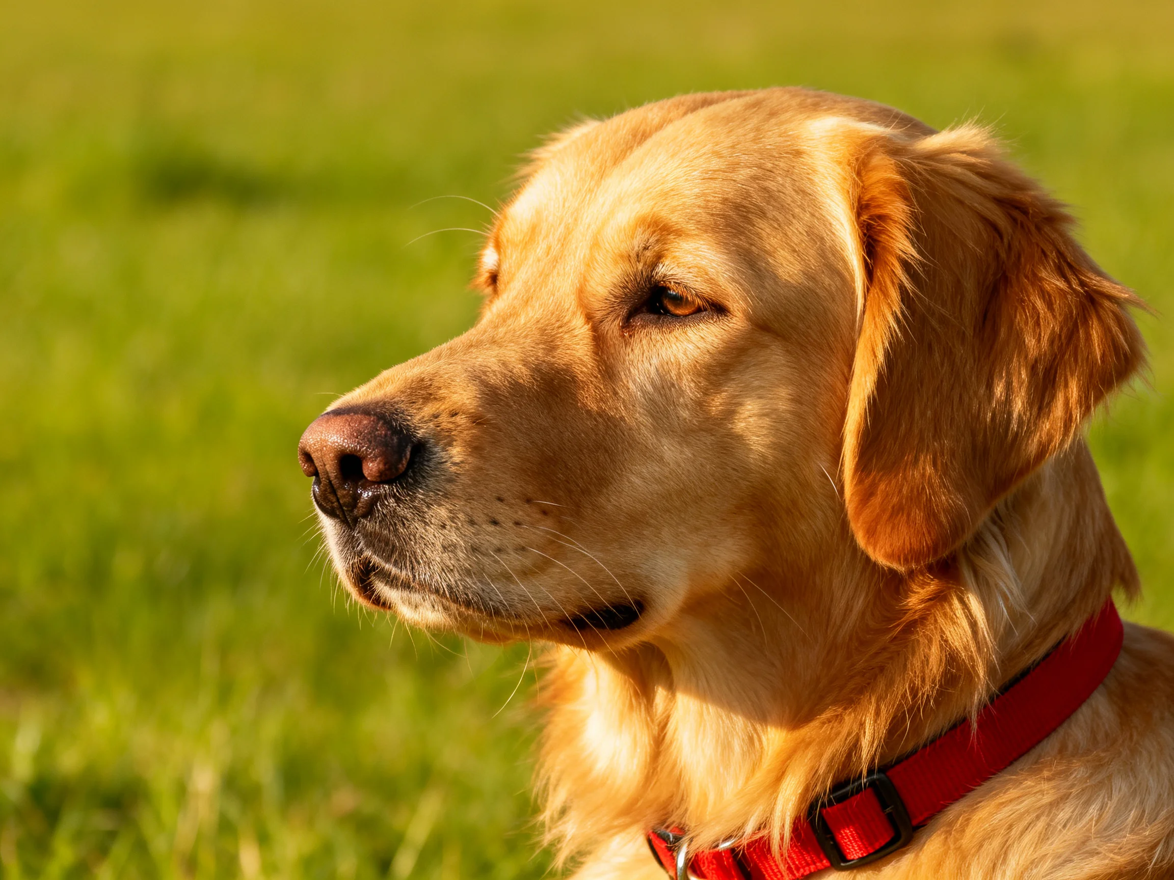 Golden retriever with red collar in sunlit green field