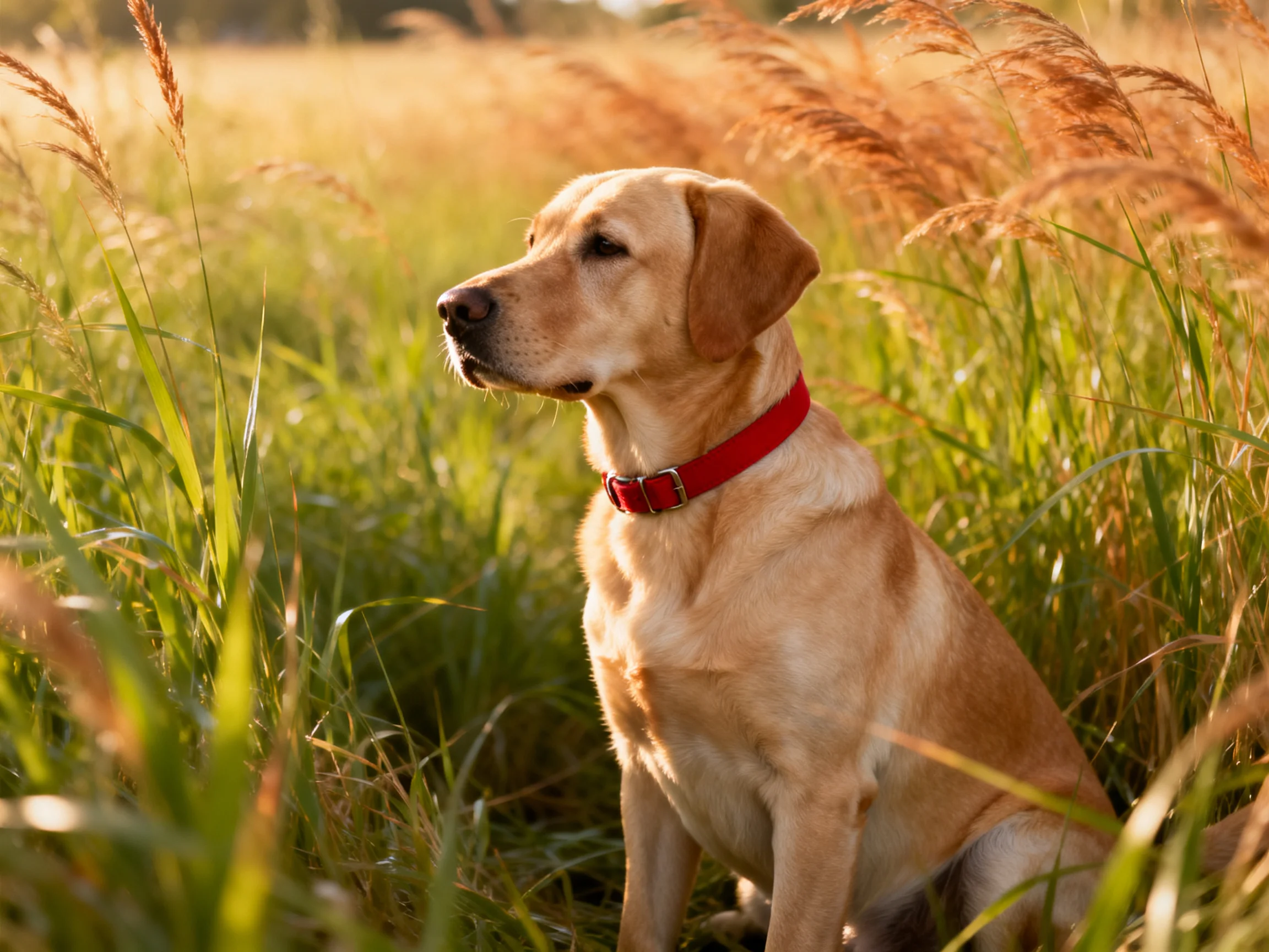 Golden retriever with red collar in tall green-brown grassland