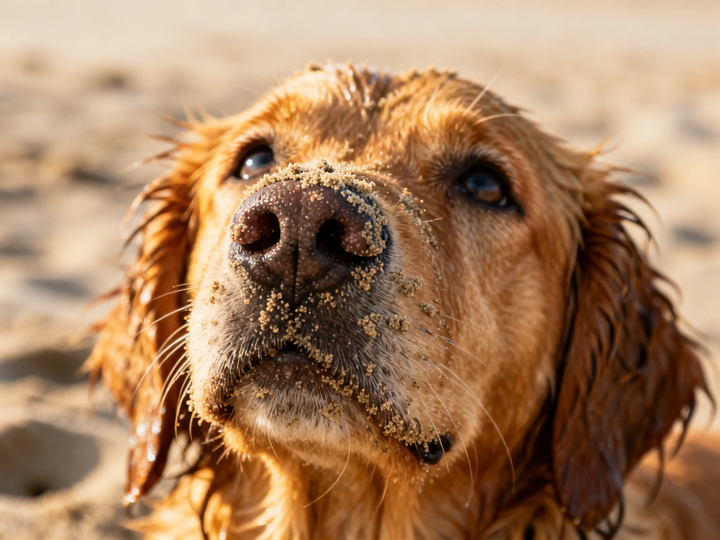 Golden retriever with sand-covered snout on sunny sandy beach