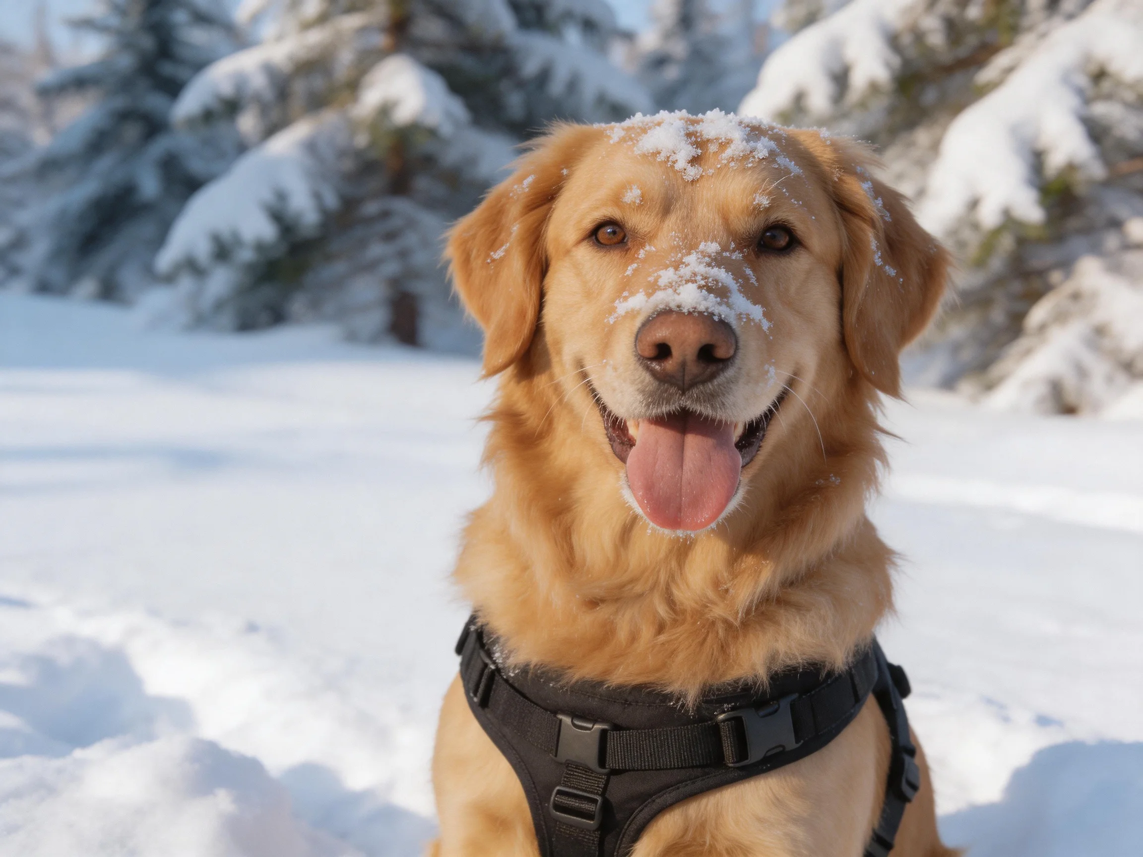 A golden retriever enjoys a snowy day with snow on its head.