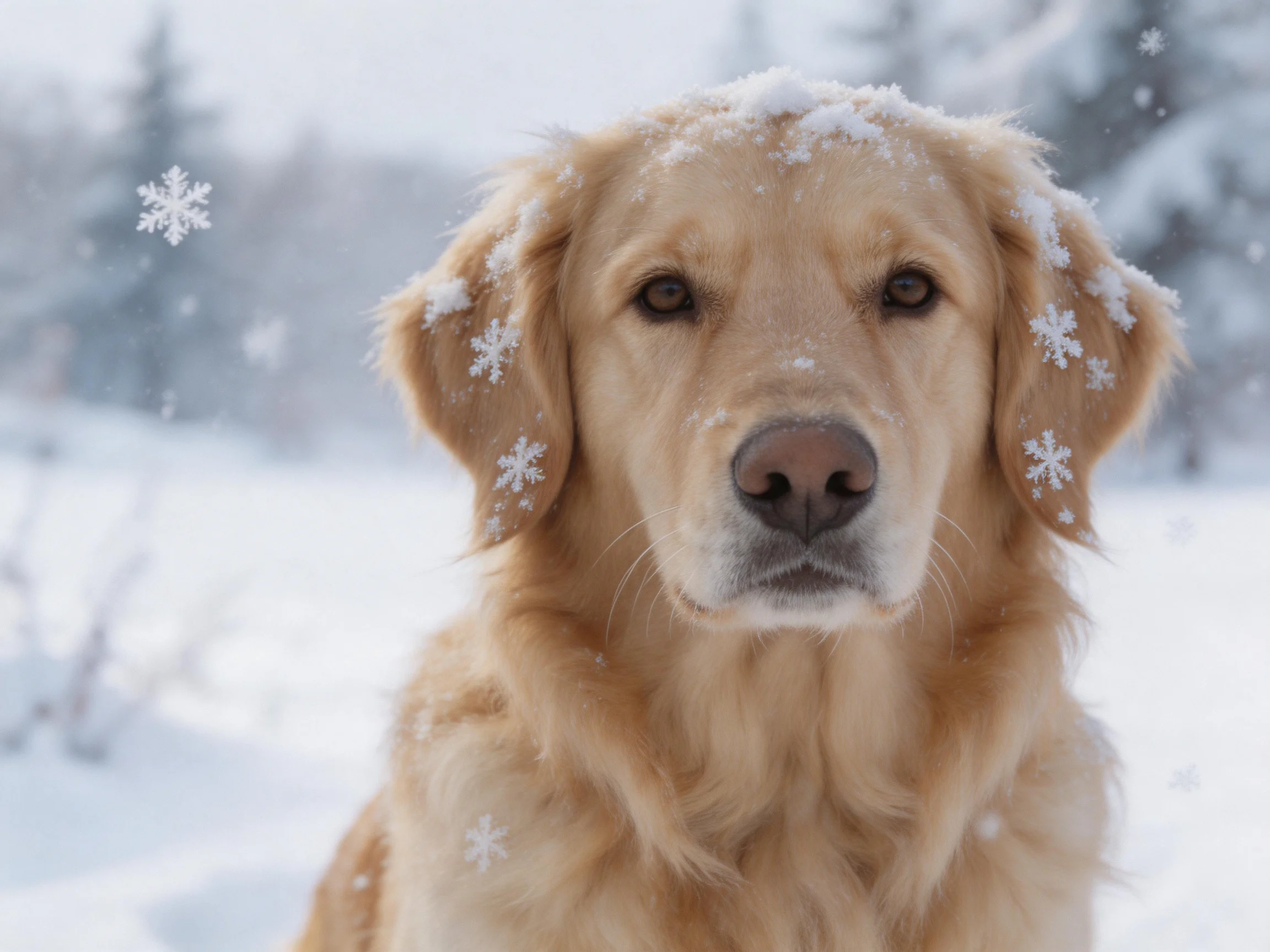 Golden retriever with snowflakes in a snowy outdoor scene