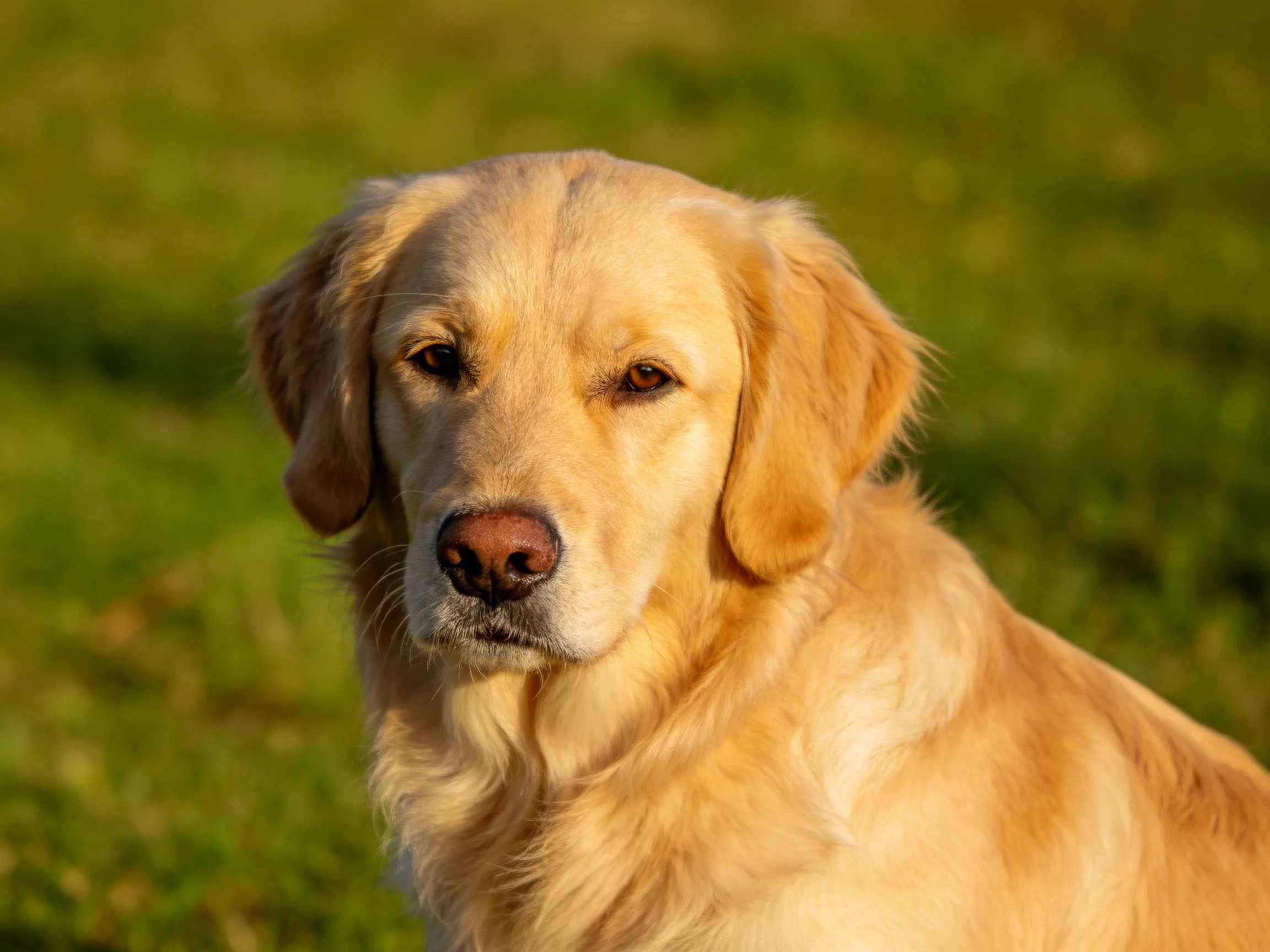 A golden retriever rests calmly amid lush green grass.