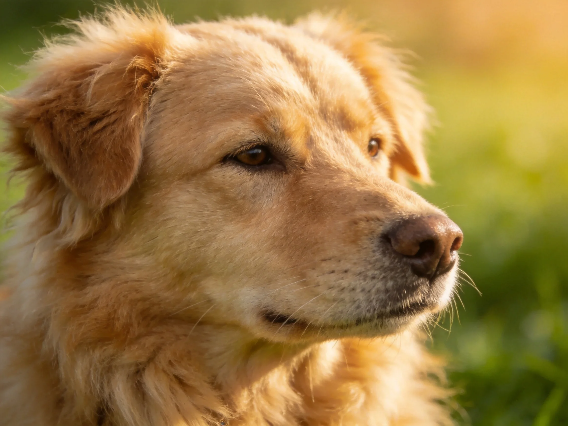 Golden retriever with soft, wavy fur in a sunlit natural setting