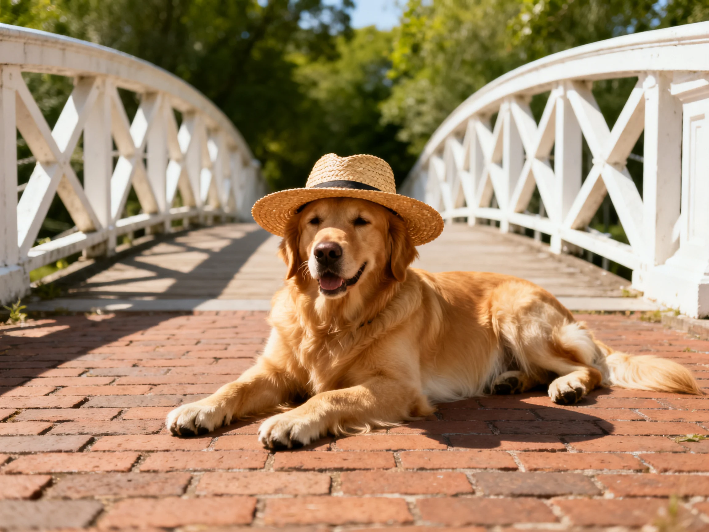Golden retriever with straw hat rests on brick bridge