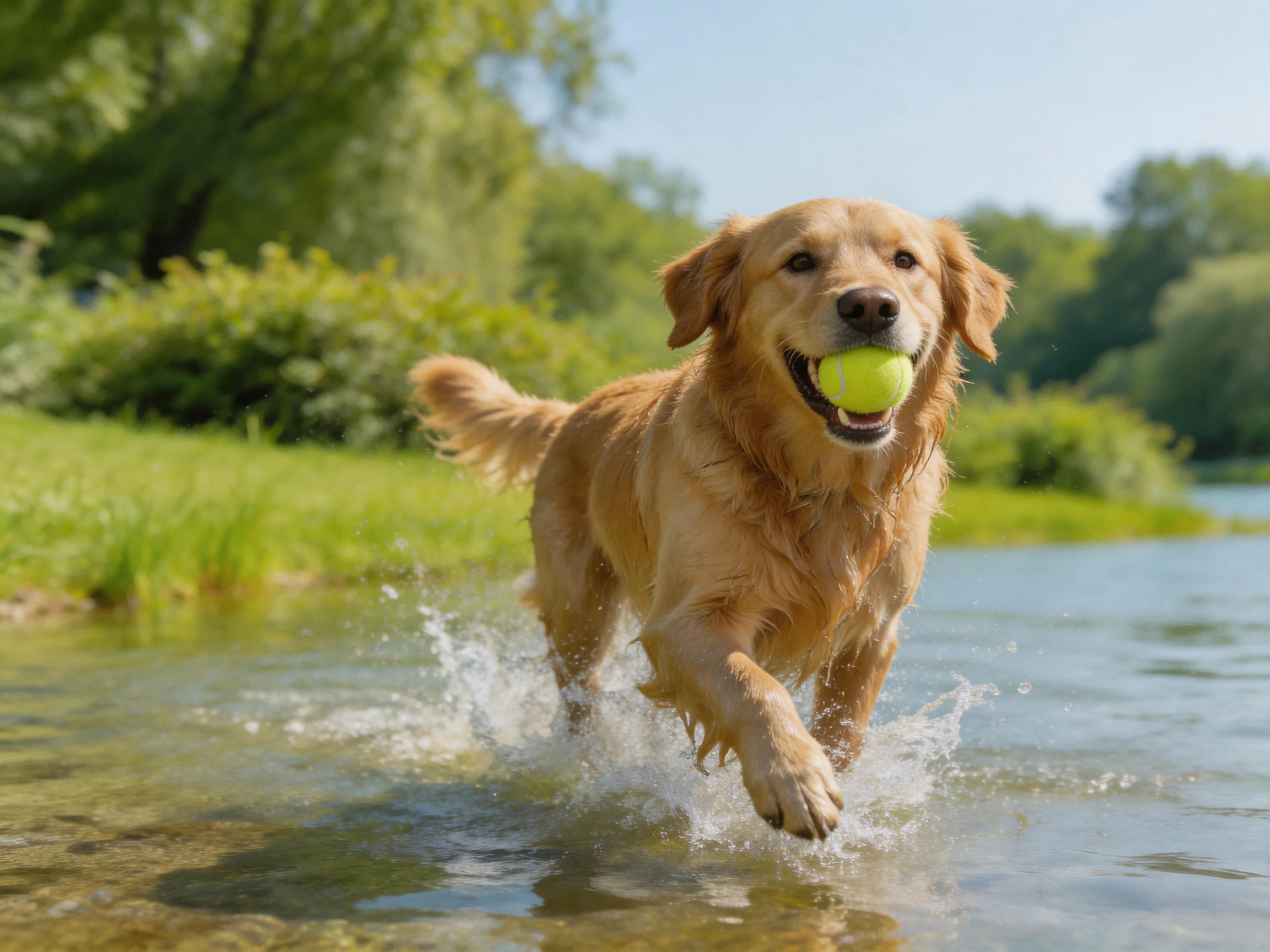 Golden retriever with tennis ball runs through shallow water near lush greenery