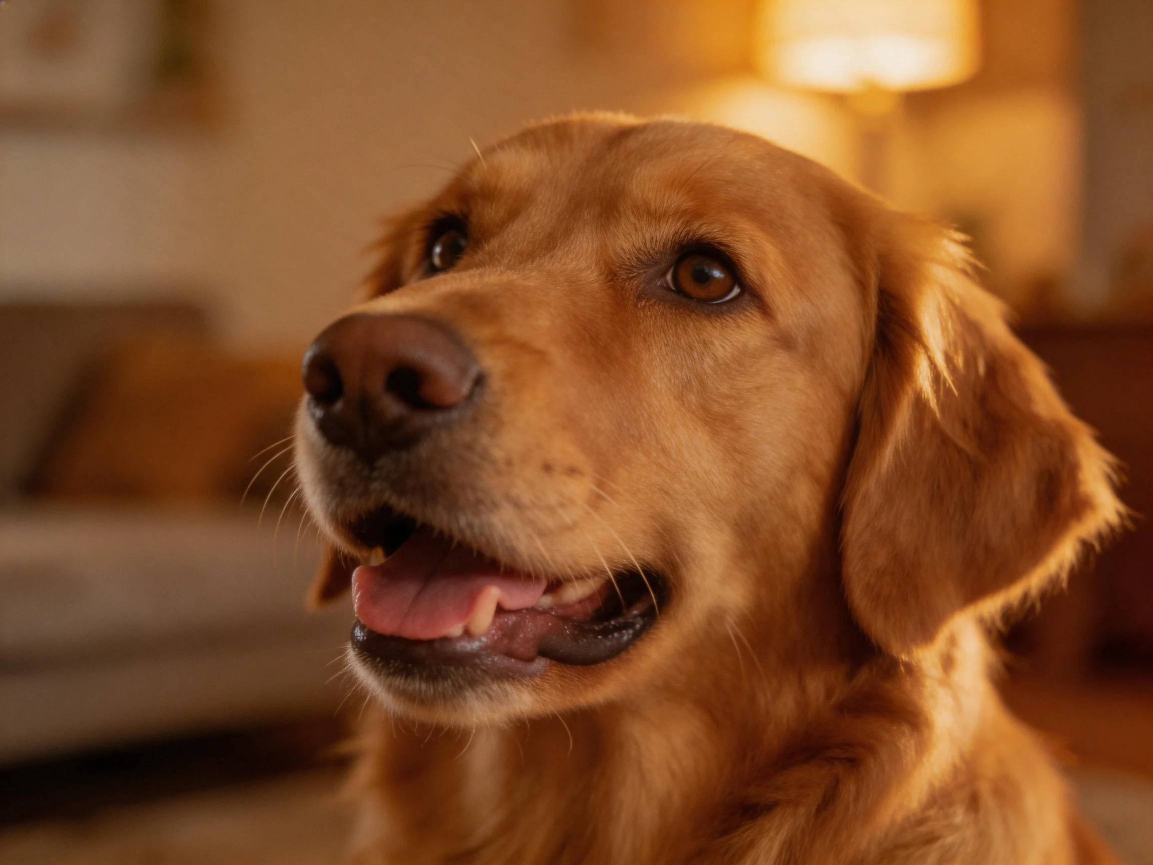 A golden retriever appears content with its mouth open in a warmly lit room.