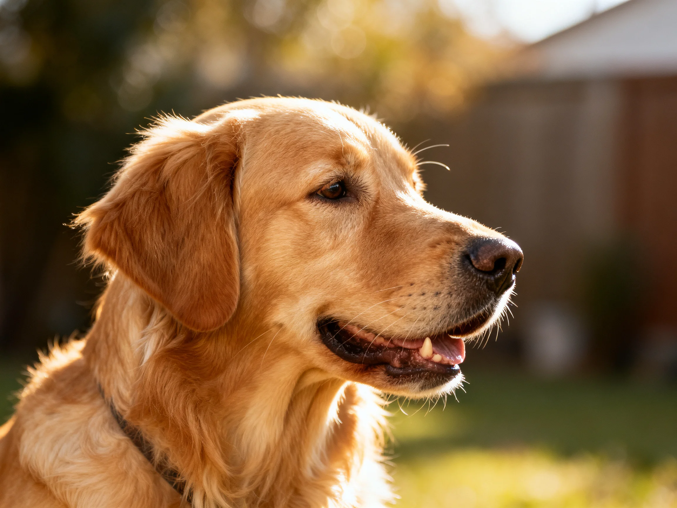 Golden retriever with warm sunlight highlighting its golden fur in an outdoor setting