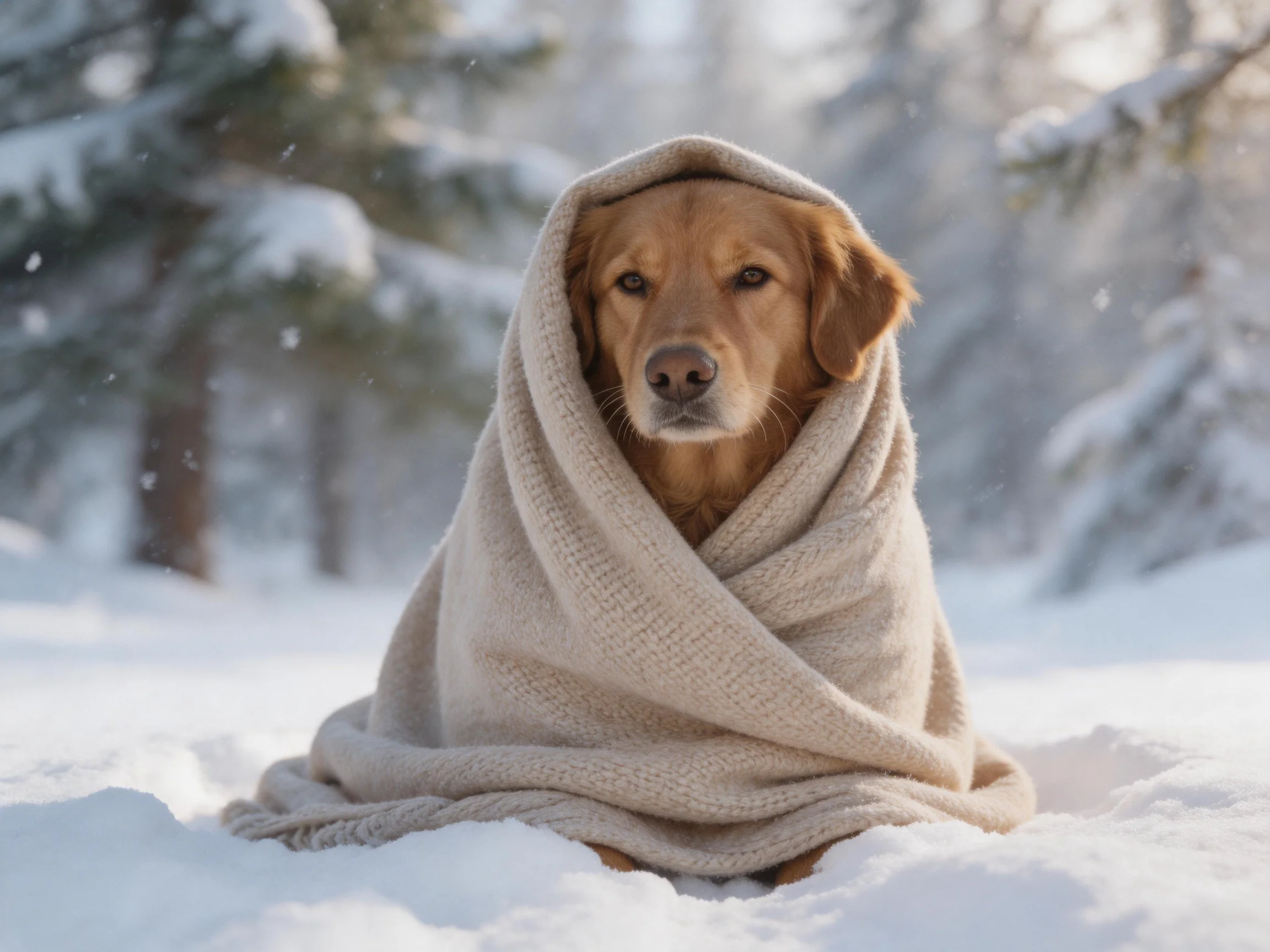 A golden retriever wrapped in a blanket sits peacefully in a snowy outdoor setting.