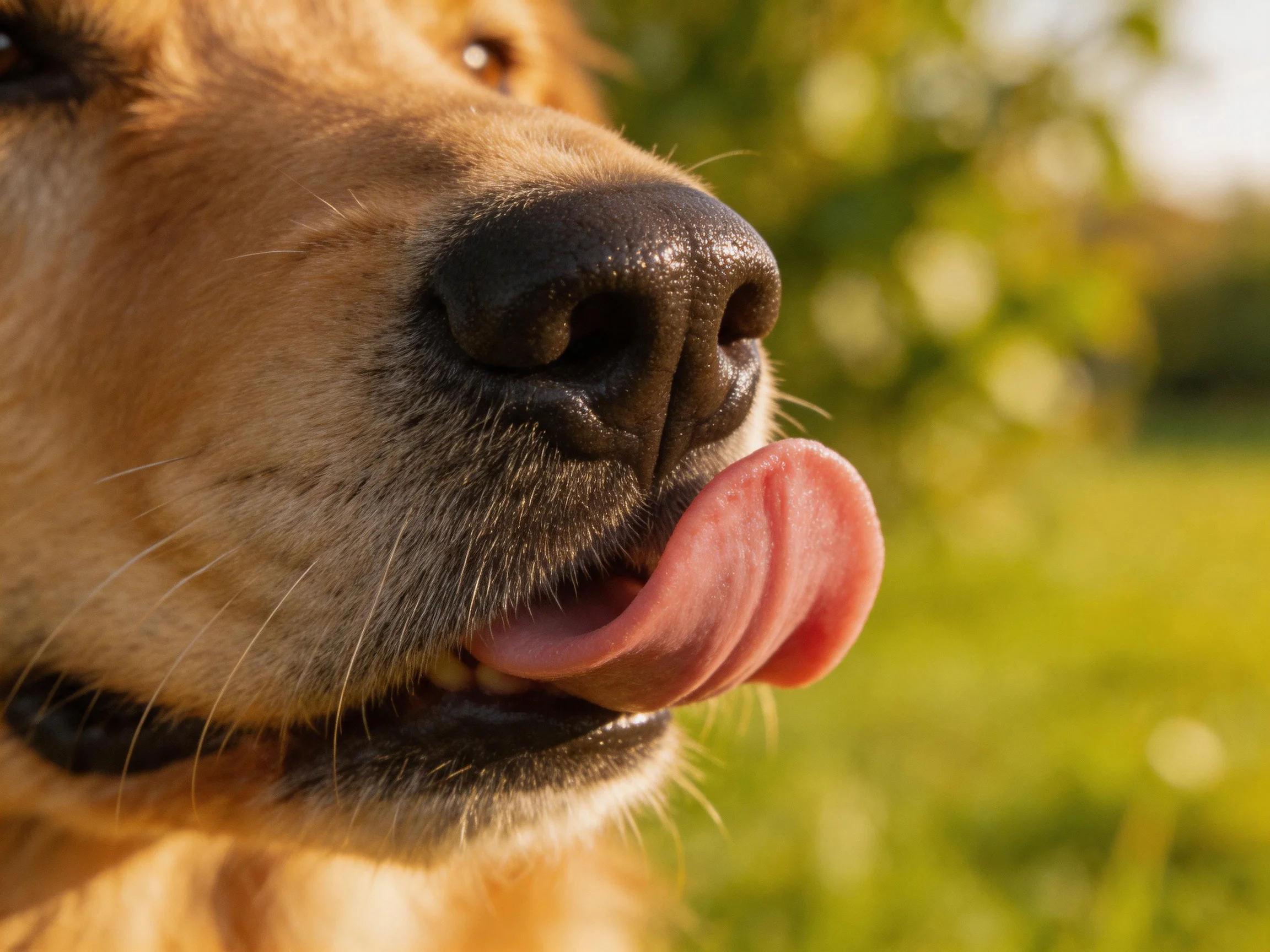 Golden retriever’s nose and tongue shown in sunny outdoor setting