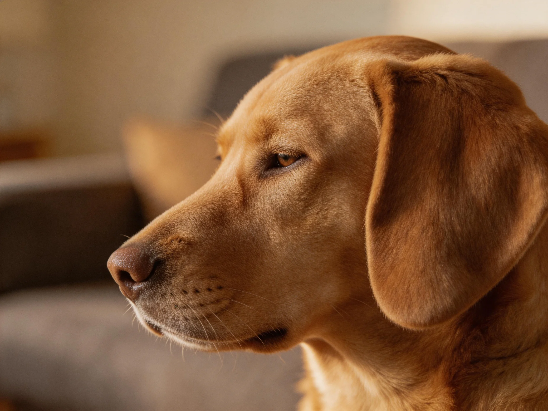 Golden retrievers profile captured with warm indoor lighting