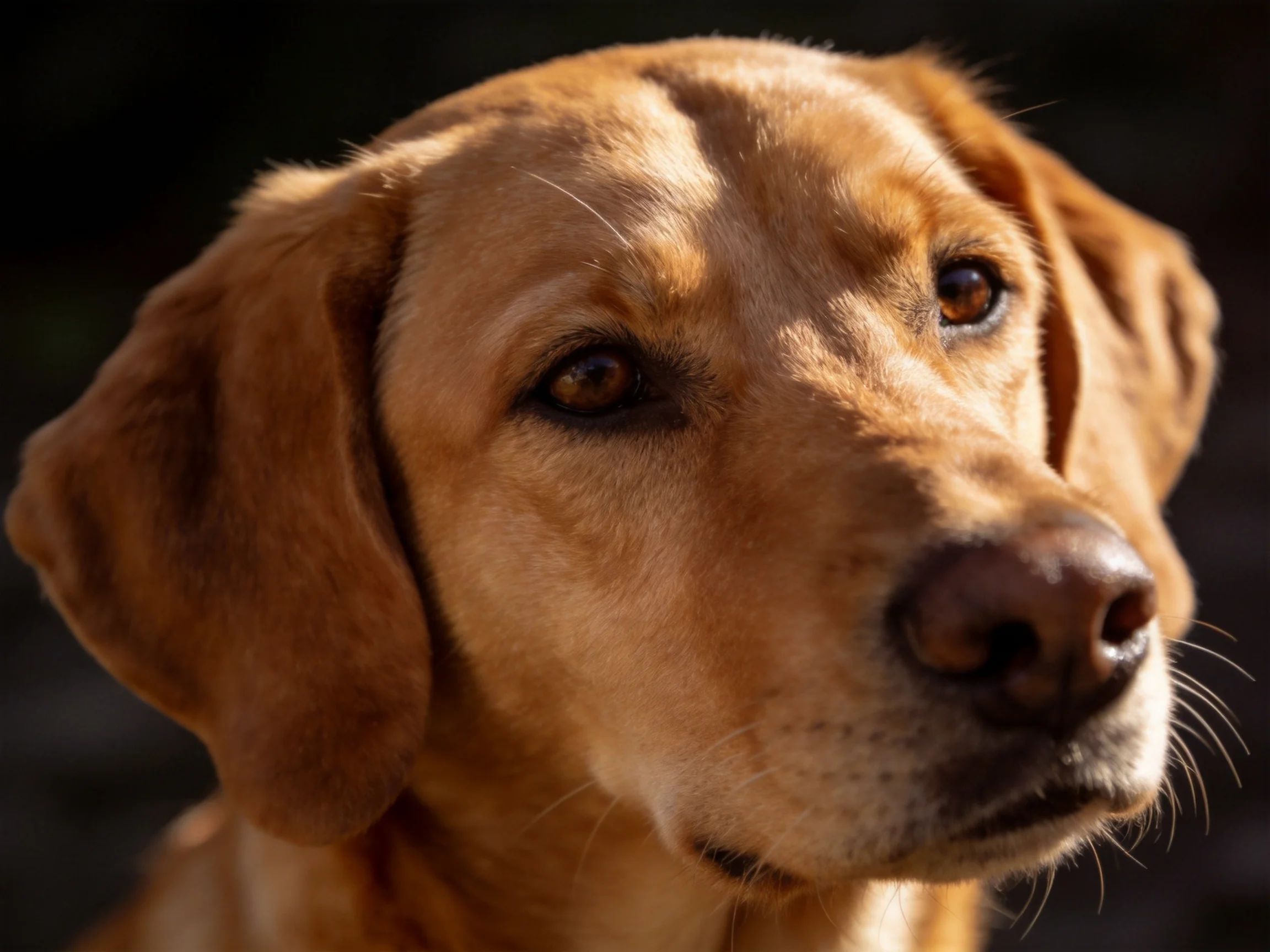 Golden retrievers profile illuminated by warm sunlight