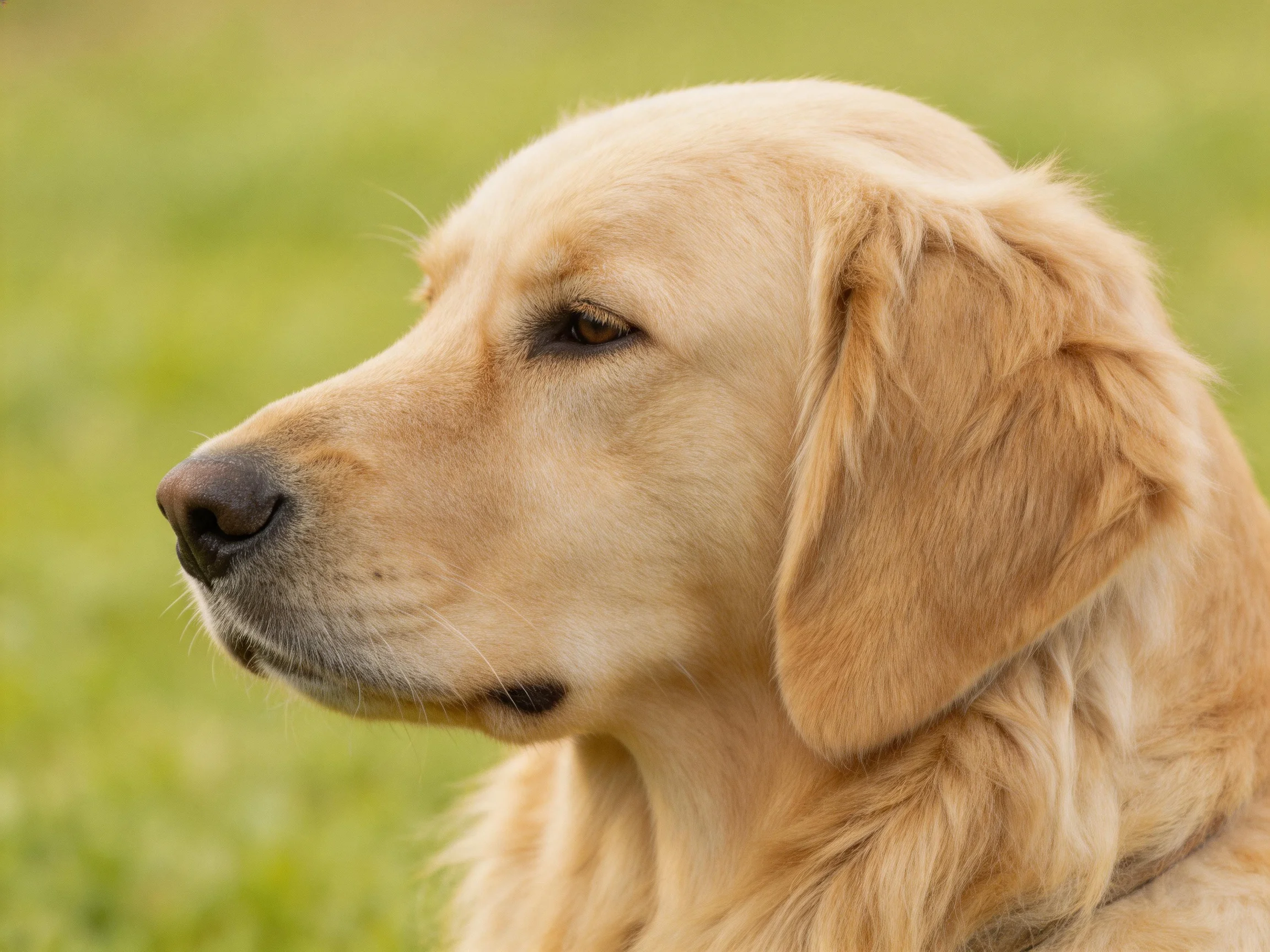 Golden retrievers profile with soft fur near blurred greenery