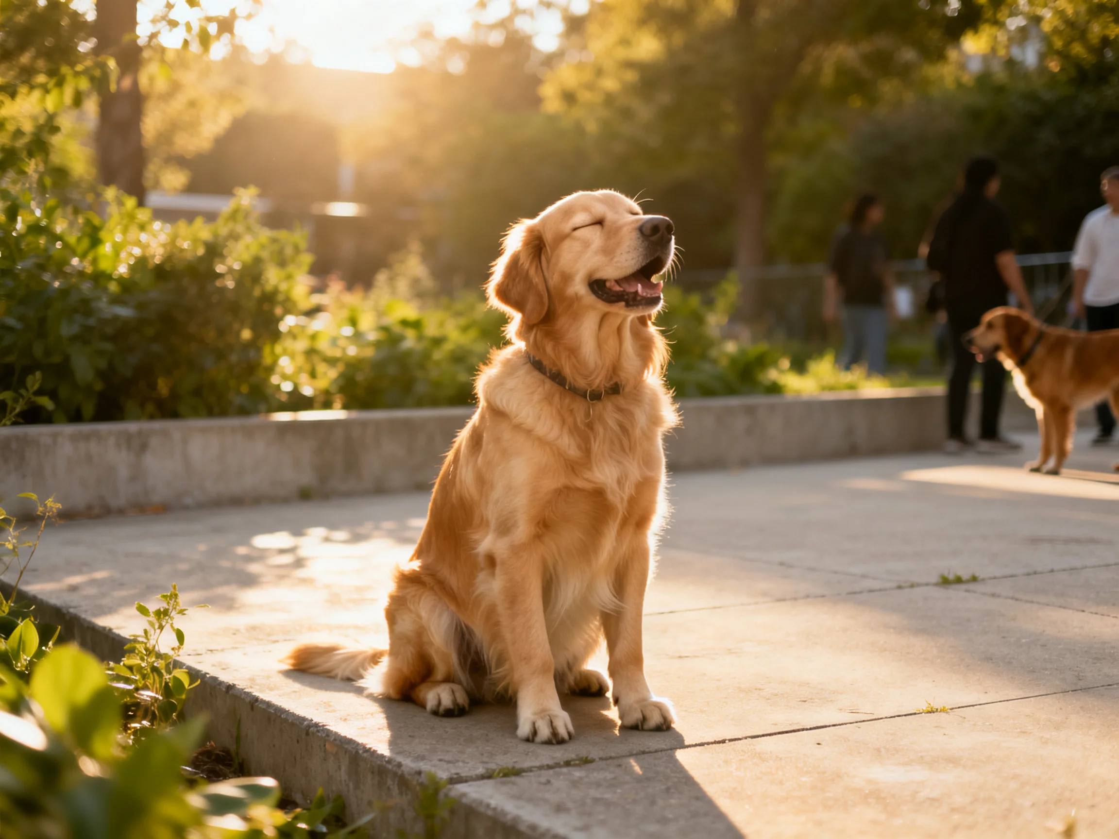 Golden retrievers relax in a sunlit city park setting