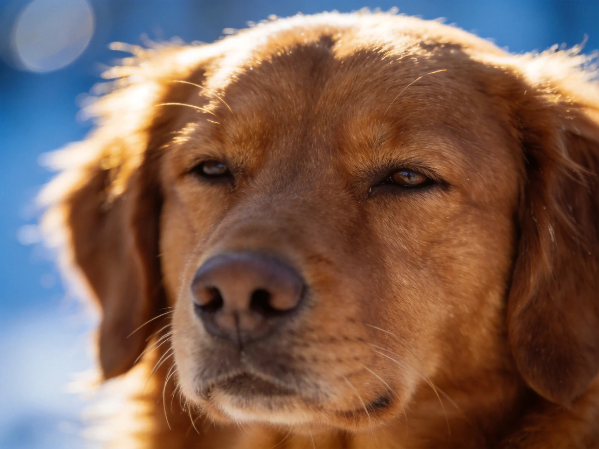 Golden retrievers serene close - up with warm sunlight