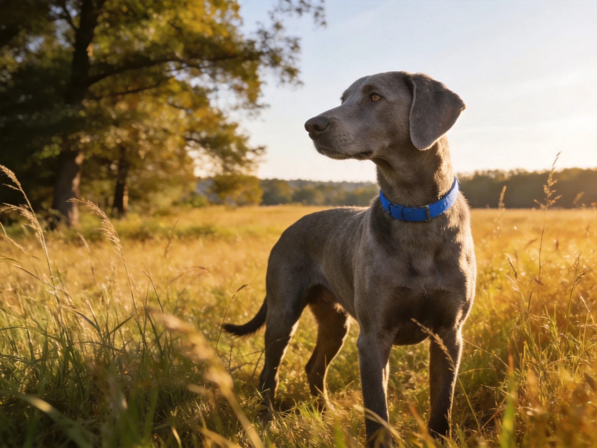 Gray Weimaraner with blue collar in sunlit golden field