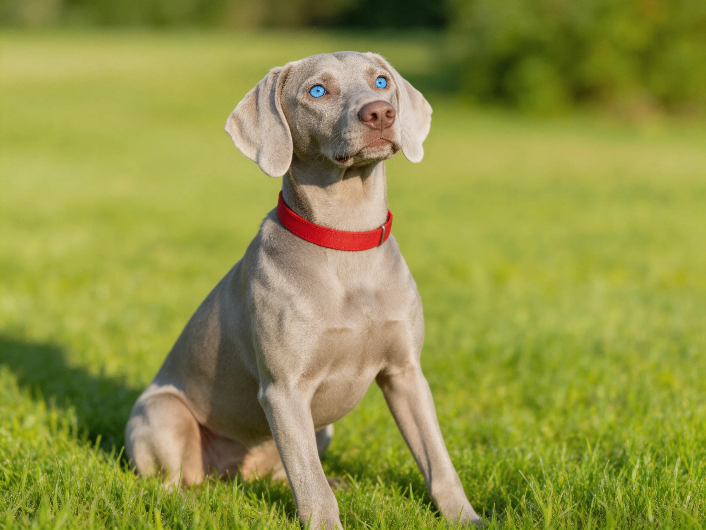 A gray Weimaraner with blue eyes sits on green grass.