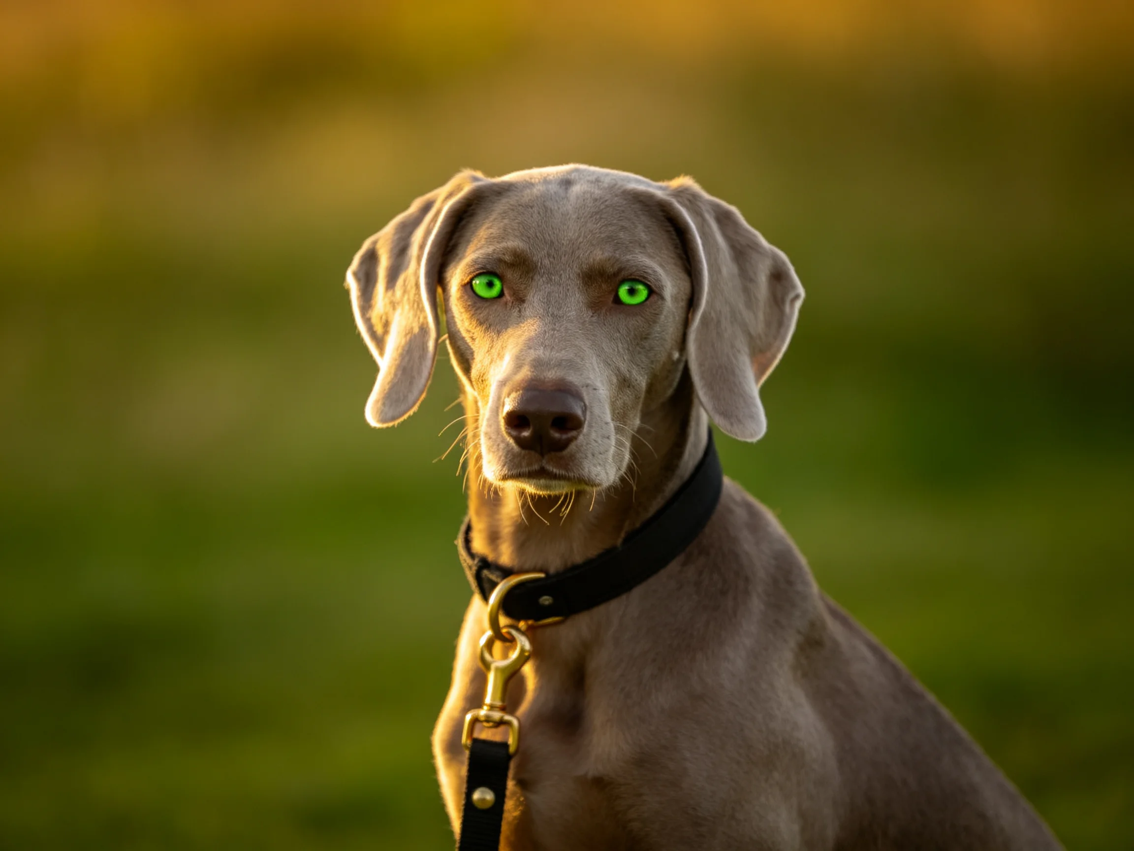 Gray Weimaraner with bright green eyes in outdoor setting