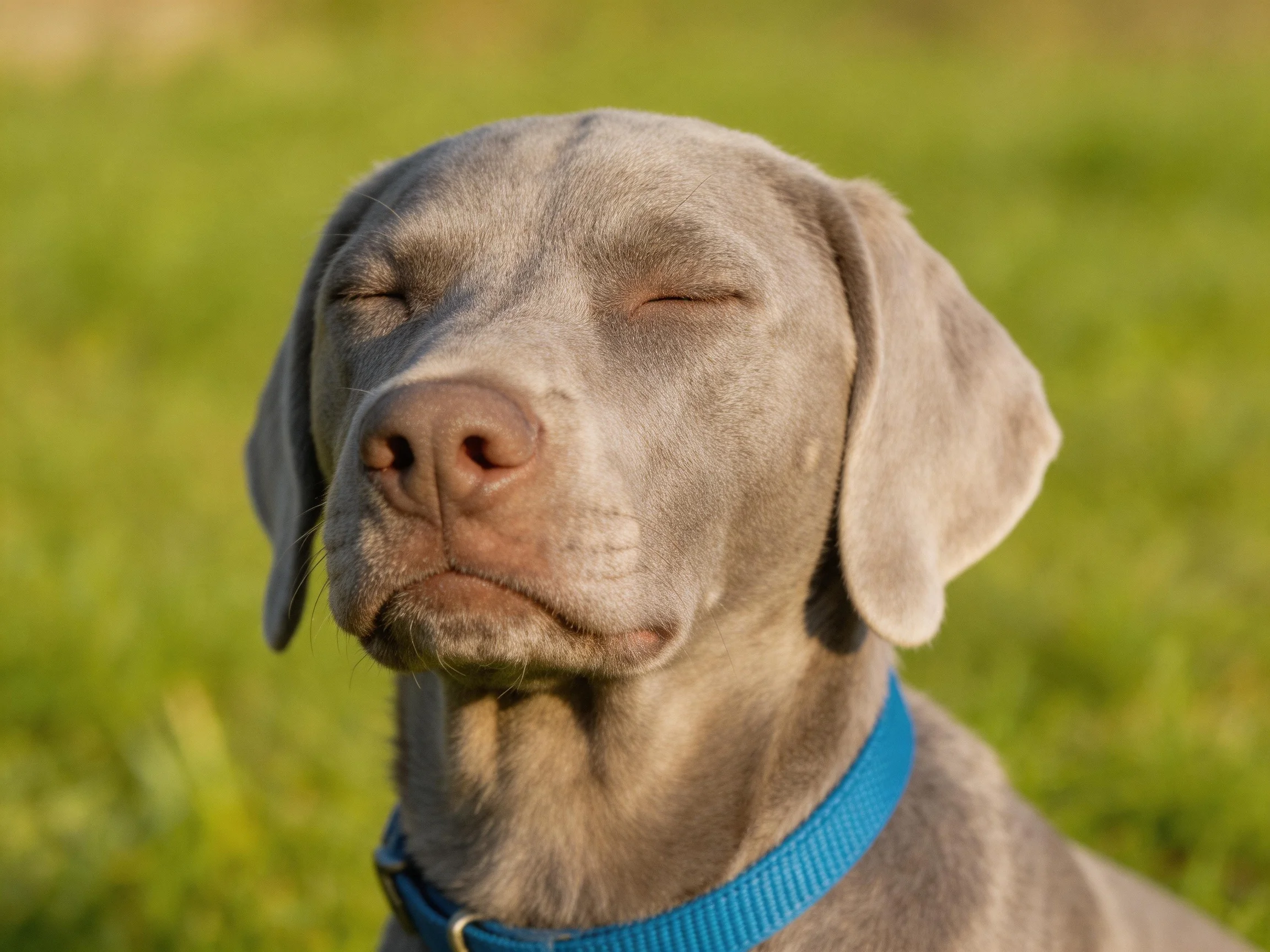 Gray Weimaraner with closed eyes and blue collar in a grassy field