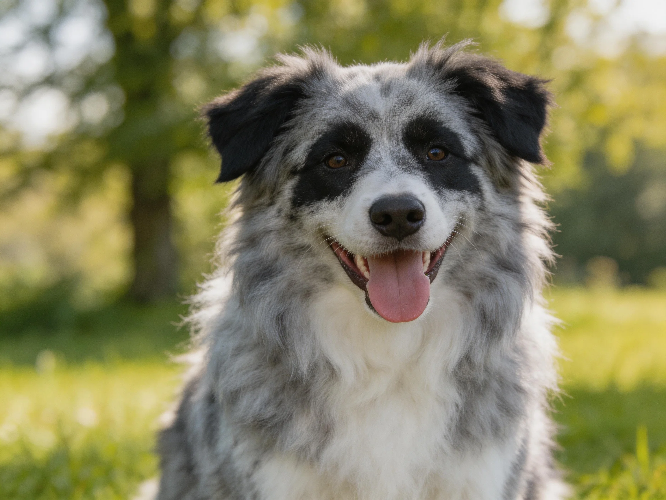 A gray and black dog enjoys the sunny outdoor setting.