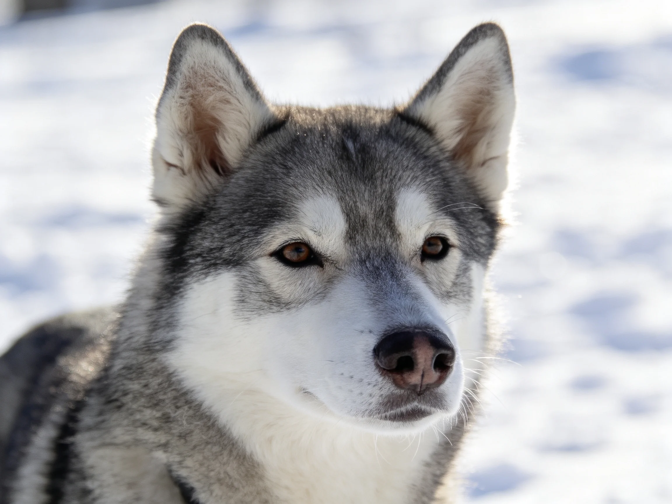 Gray and white husky dog in a bright snowy outdoor scene
