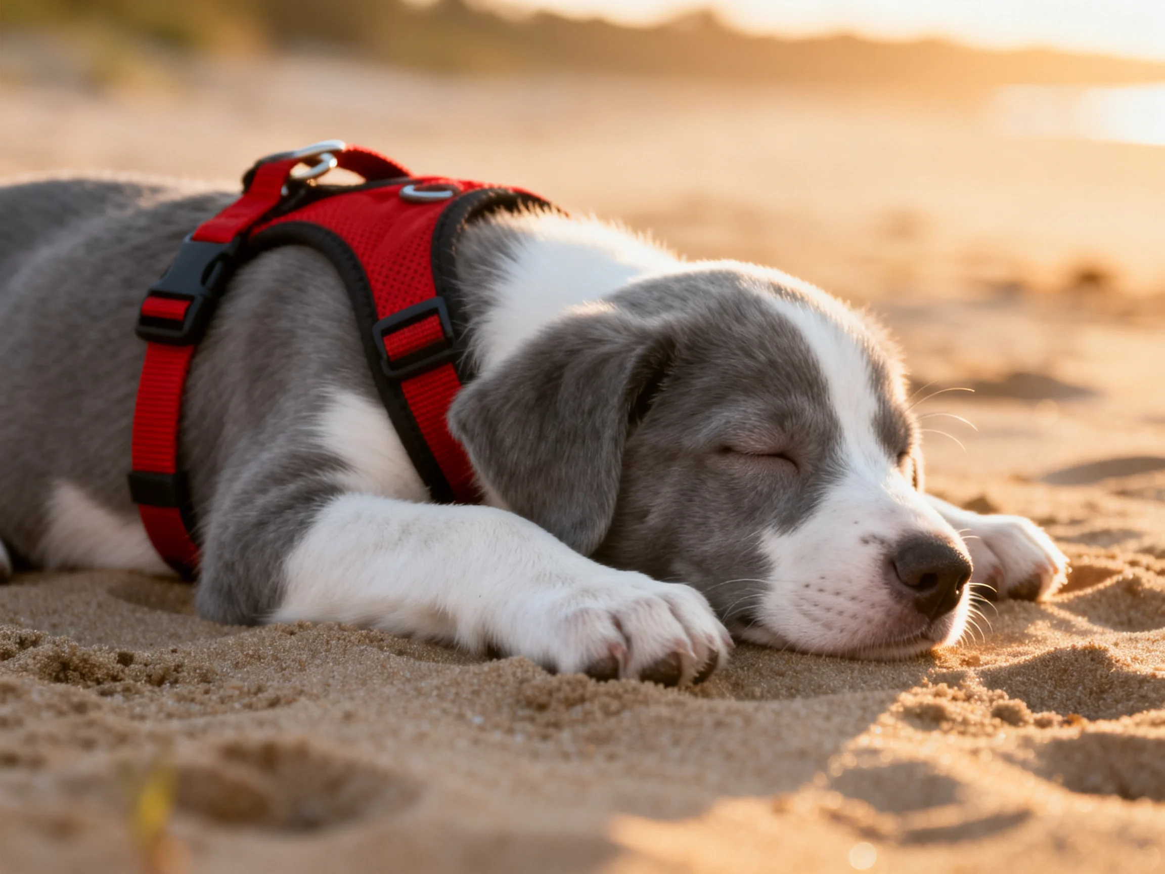 Gray and white puppy rests on sandy beach with red harness