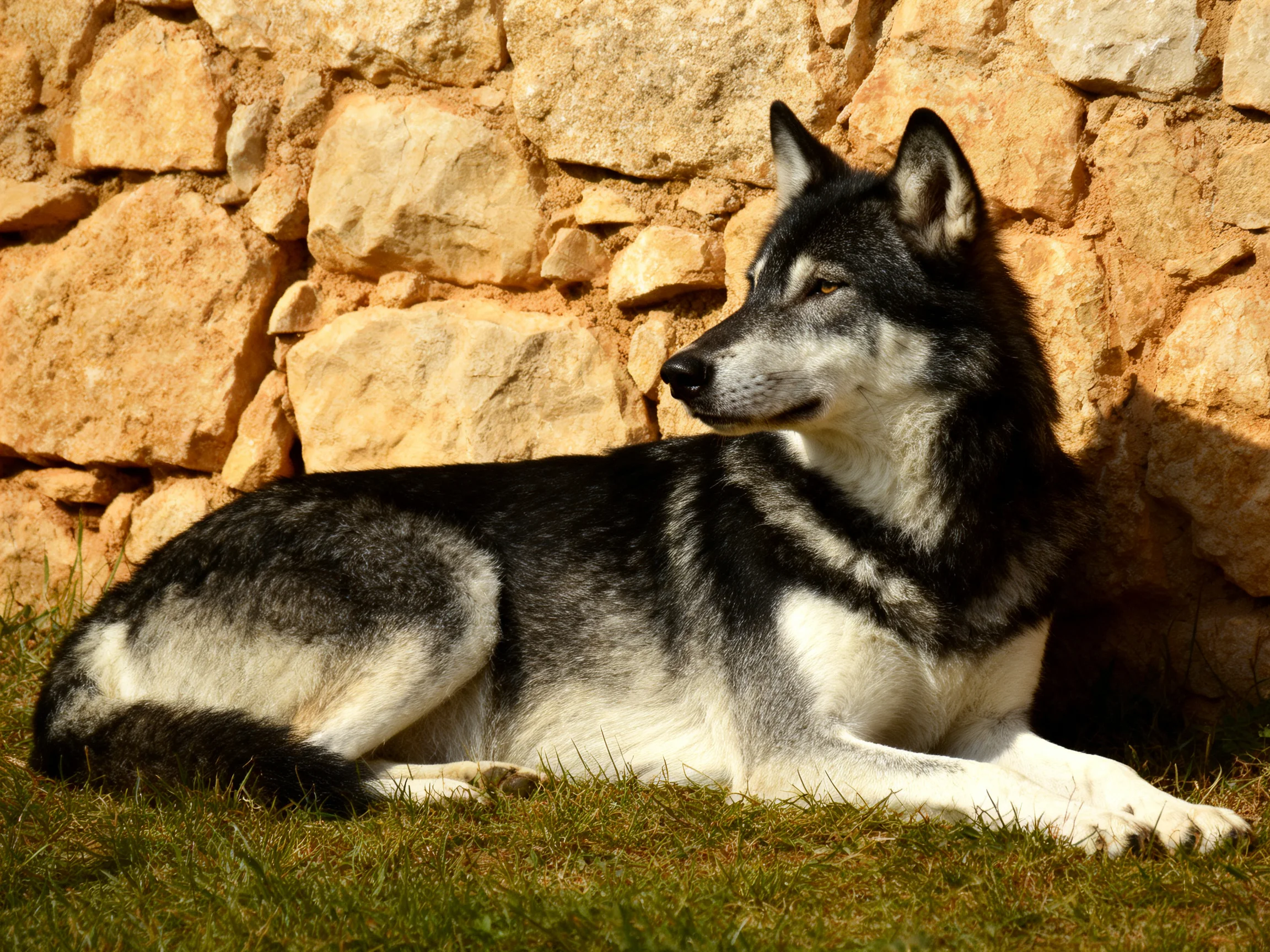 A gray and white wolf - like dog rests near a stone wall under sunlight.