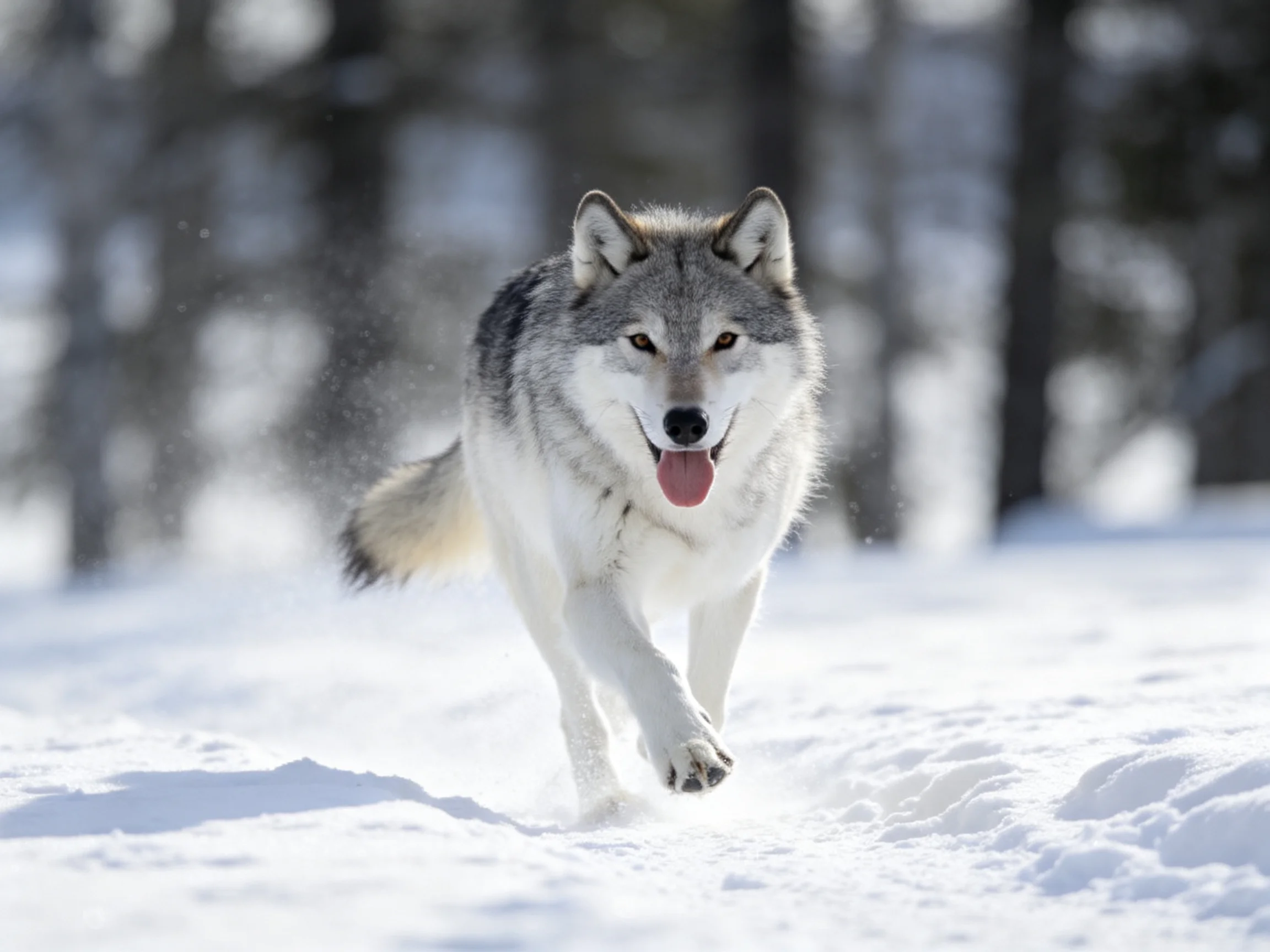Gray and white wolf running through a snowy forest landscape