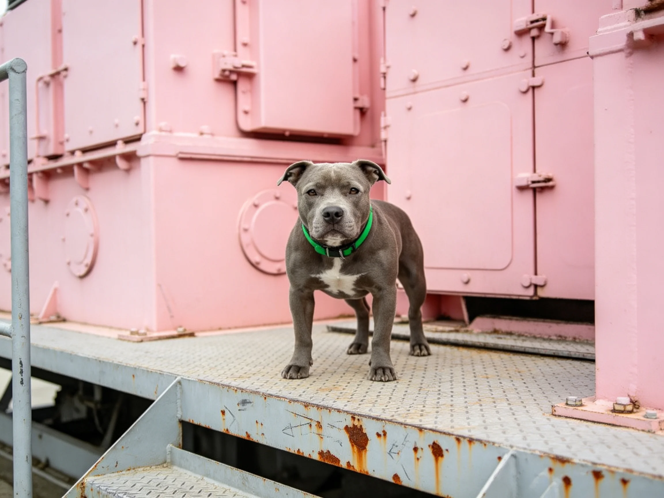 A gray dog with a green collar stands on a rusted platform next to a large pink industrial structure.