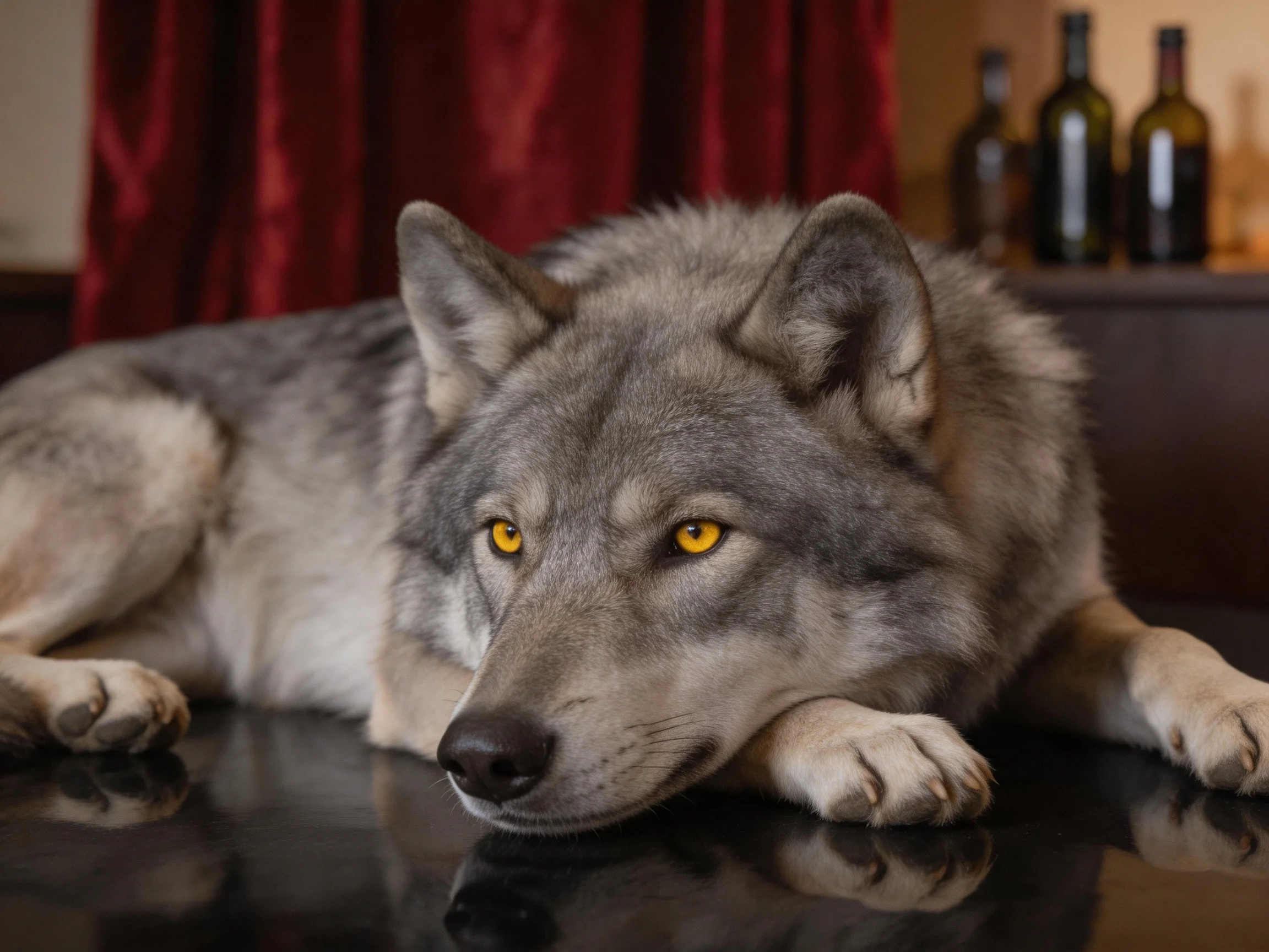 Gray-furred wolf-dog rests near red curtains with dark bottles