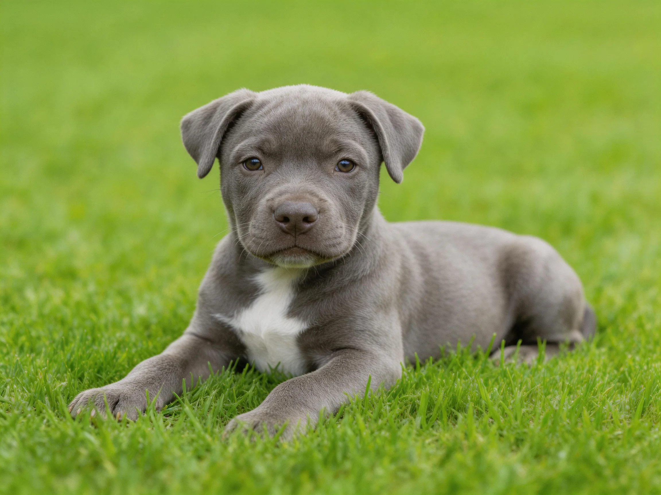 Gray puppy with white chest resting on lush green grass