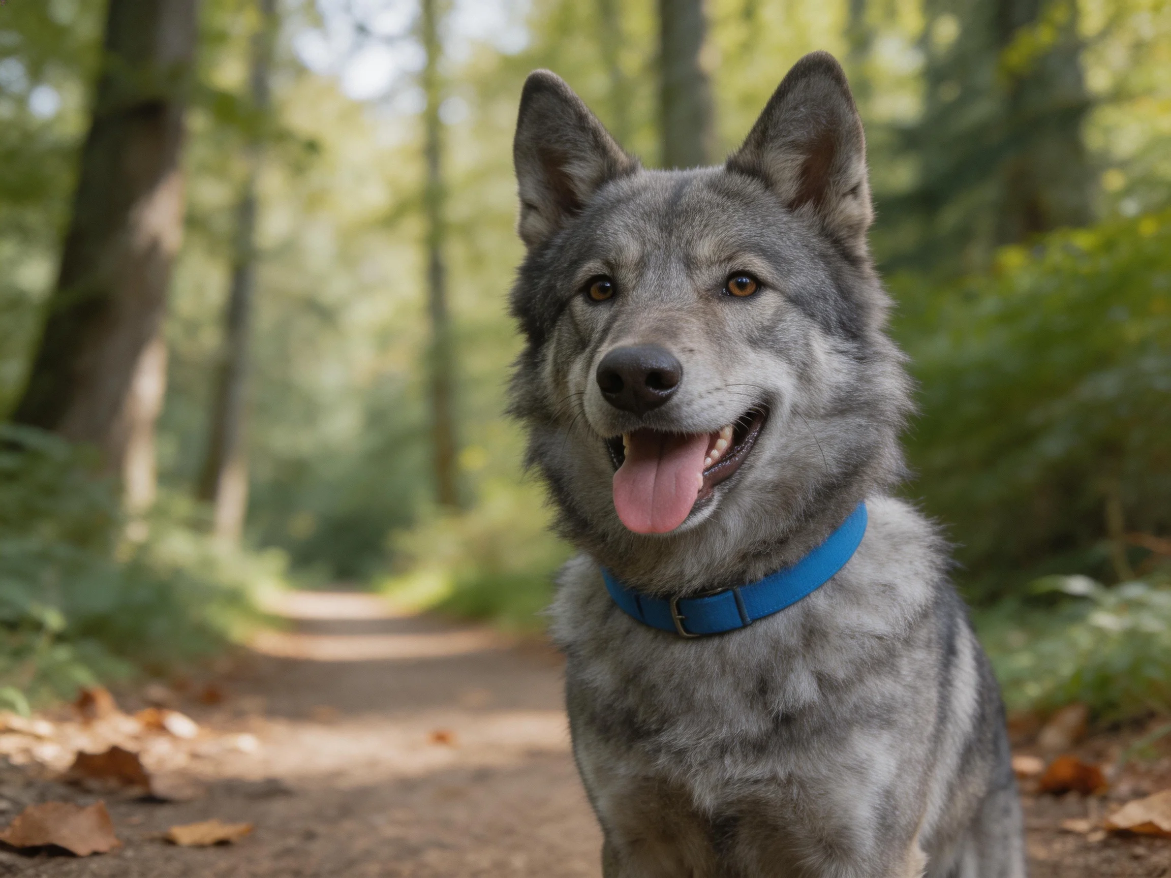 Gray wolf - like dog with blue collar on forest path
