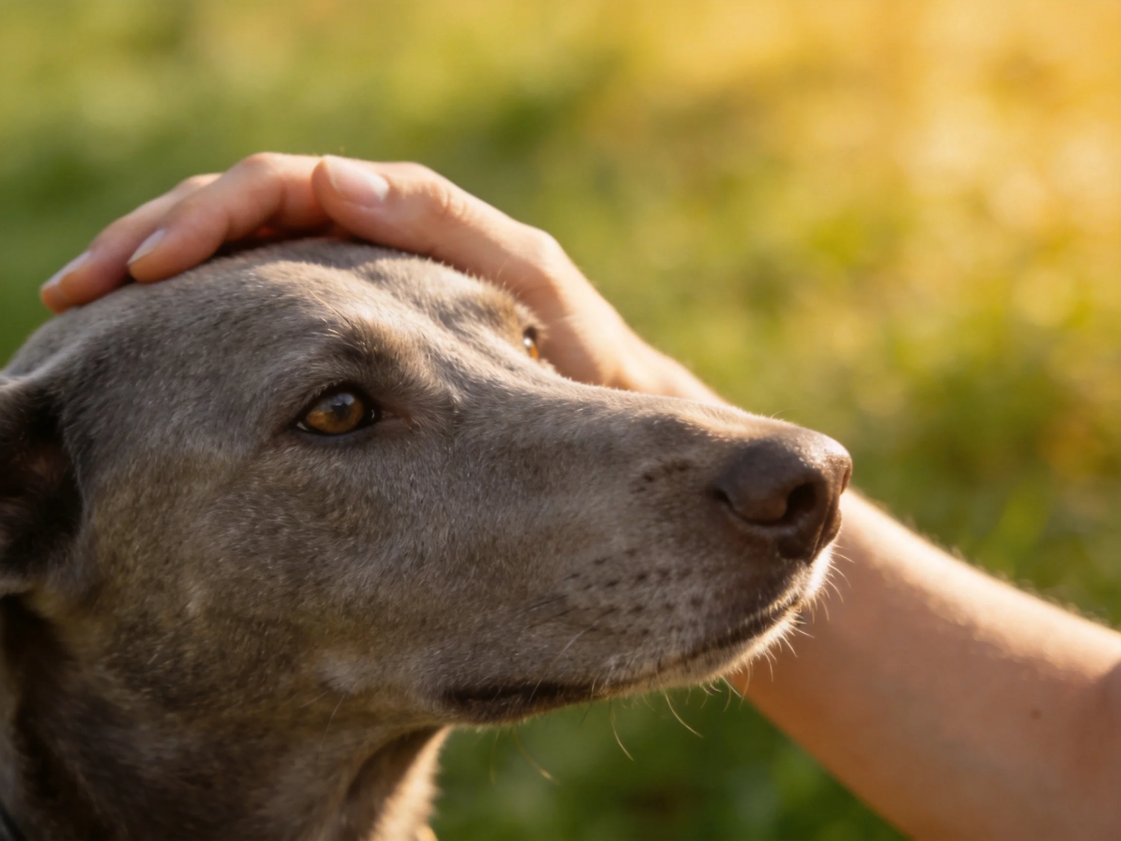 A hand gently pets a gray dog outdoors.