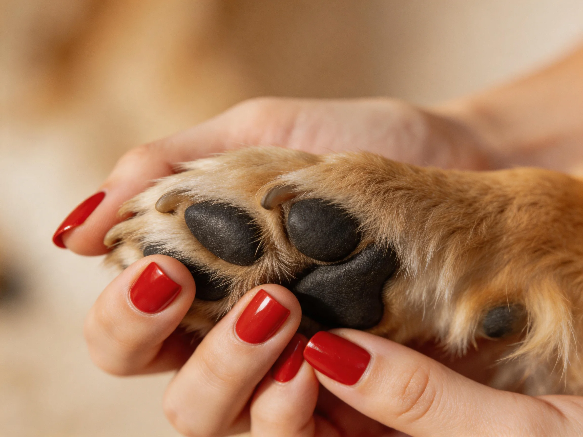 Hands with glossy red nail polish hold a golden retriever’s paw