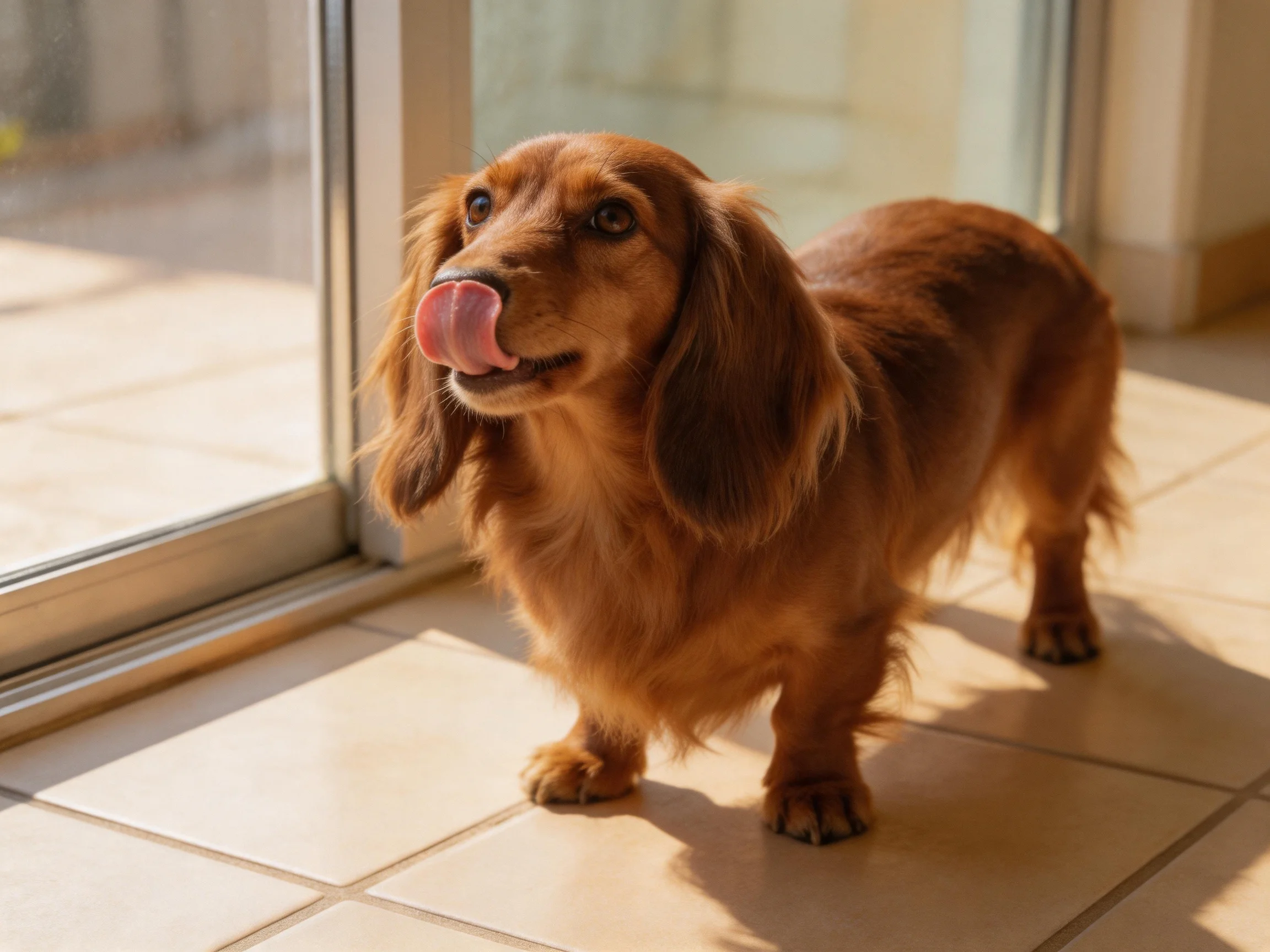 Long-haired brown dog licks tongue by glass sliding door