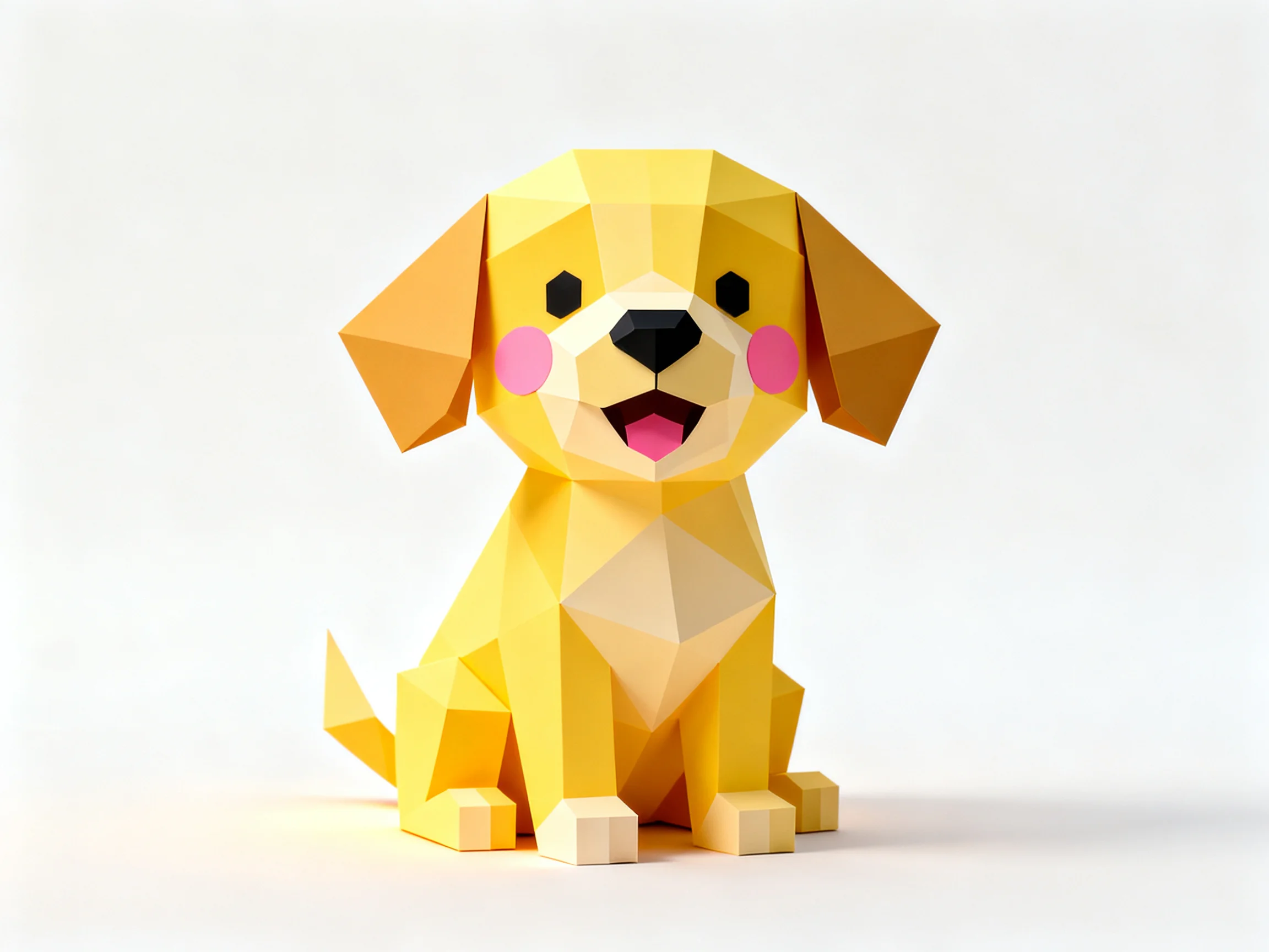 A low - poly yellow dog sculpture with pink cheeks sits on a plain white background.