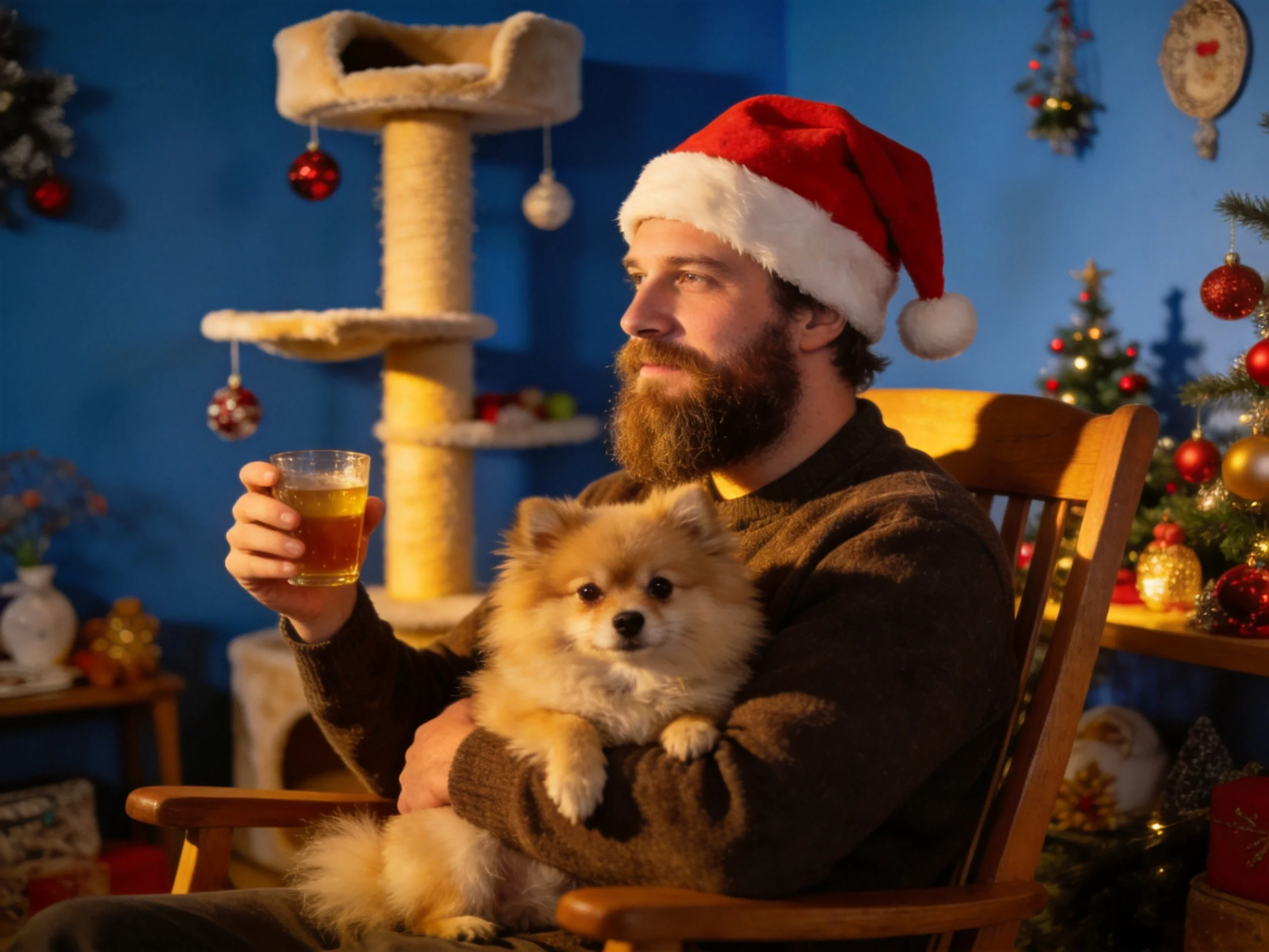Man in Santa hat holds Pomeranian by cat tree with Christmas decor