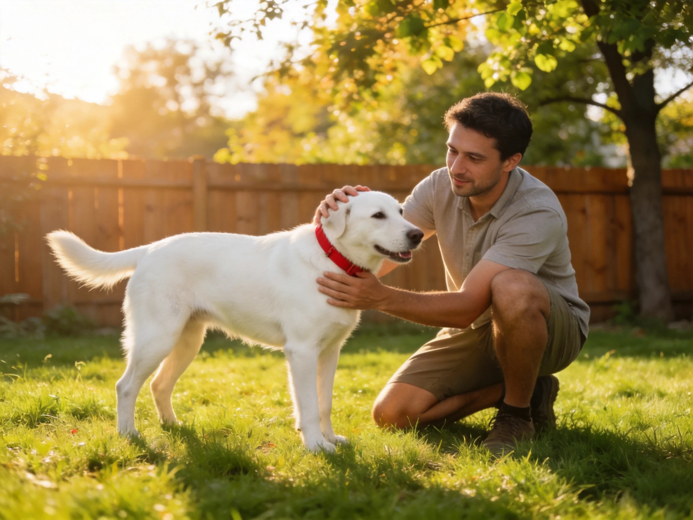 Man kneels beside white dog with red collar in sunlit backyard