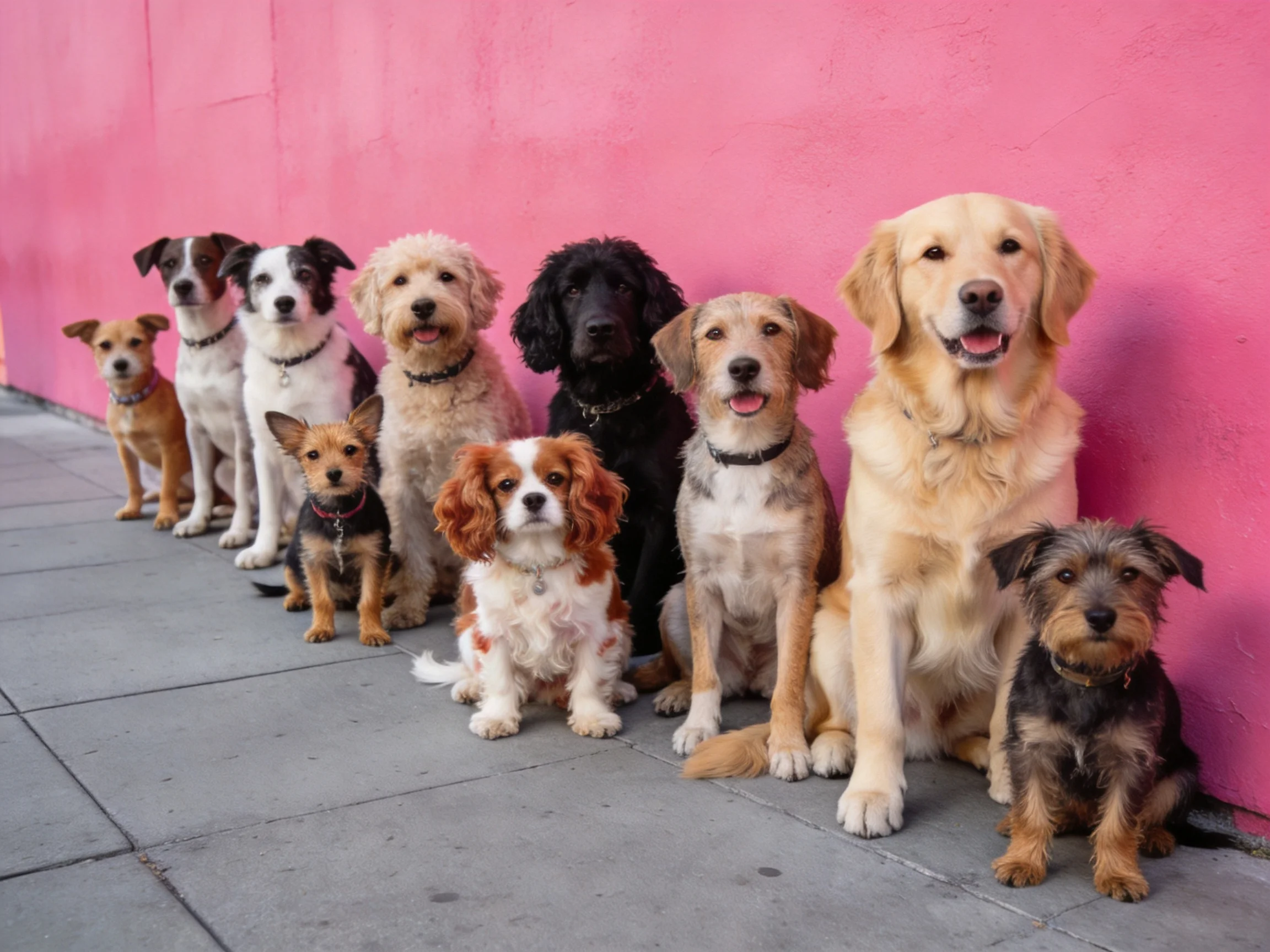 Nine dogs of different breeds sit together next to a pink wall