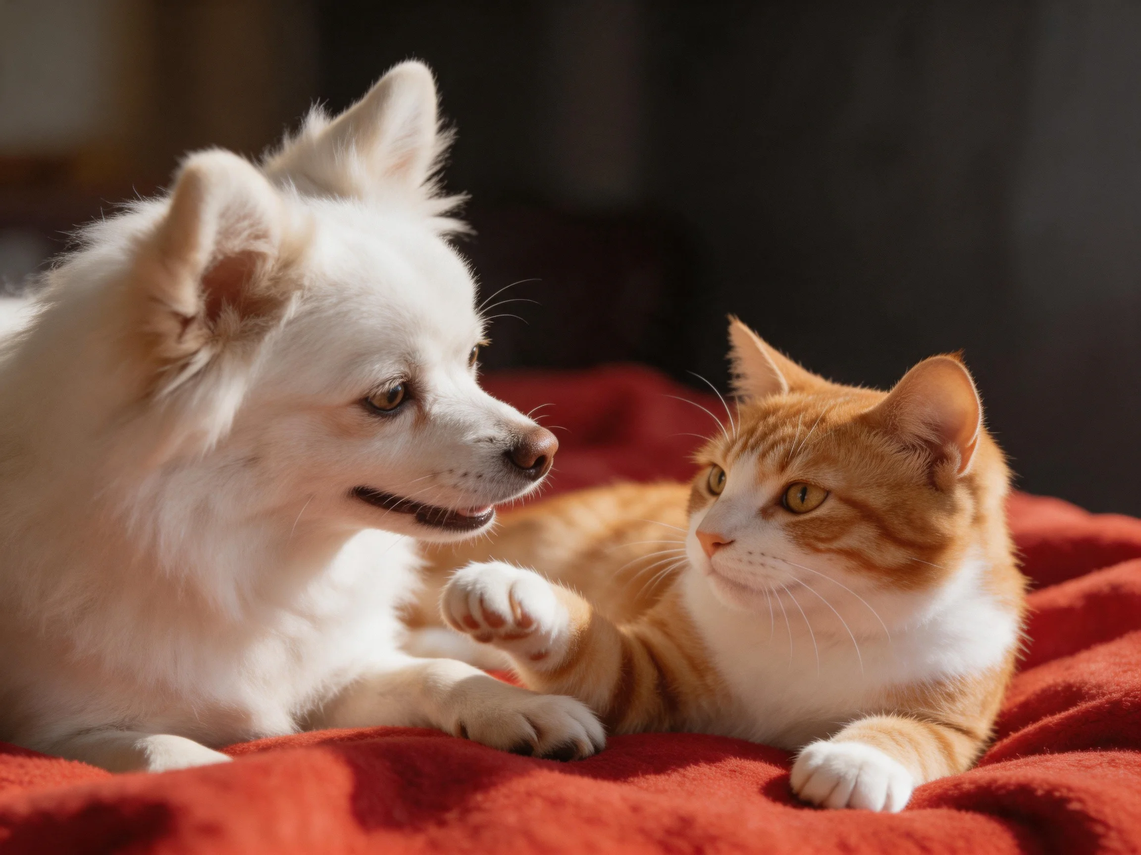 A white dog and orange cat relax together on a red blanket