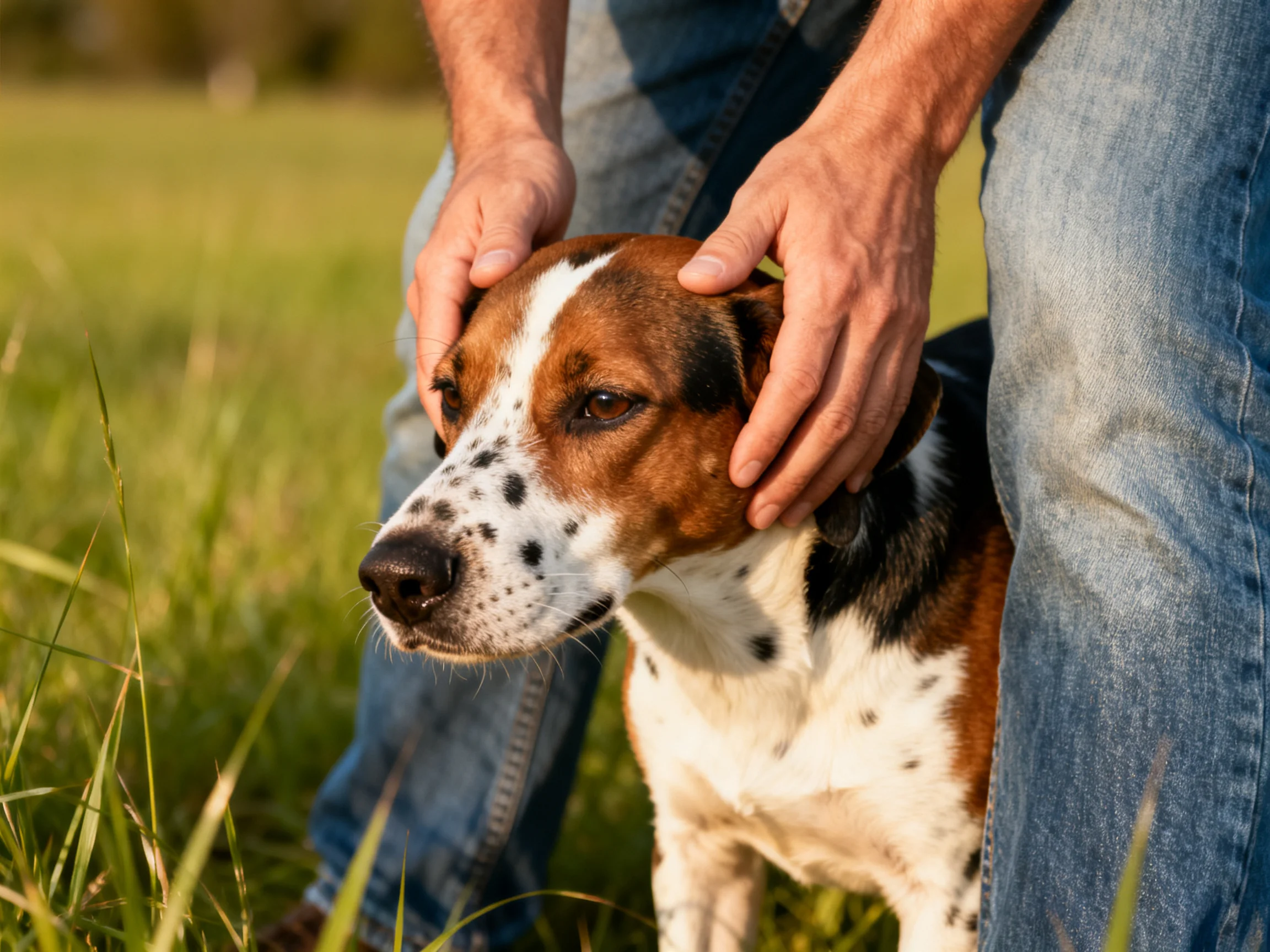 Person gently pets a brown, white, and black spotted dog in a grassy field