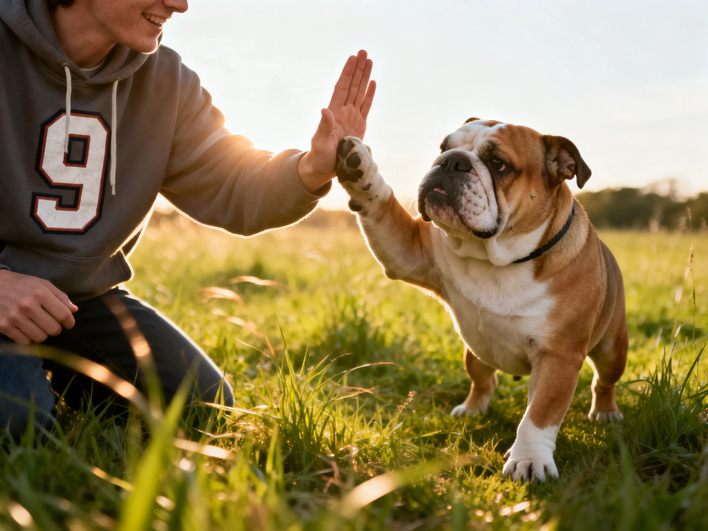 A person gives a high-five to an English bulldog in a grassy outdoor setting.