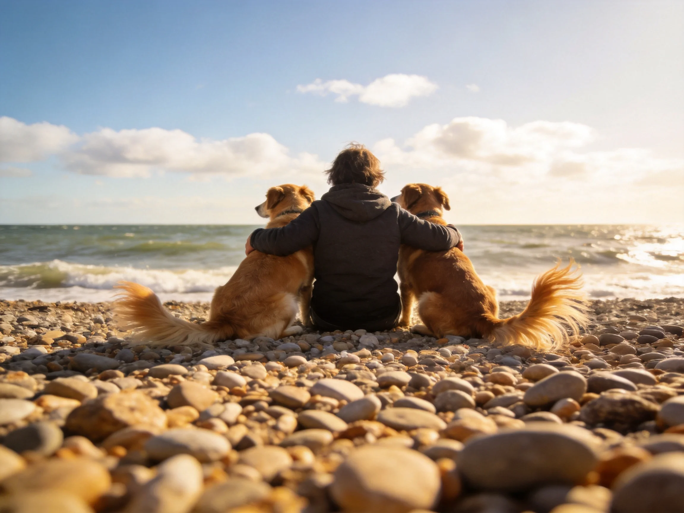 A person sits with two golden retrievers on a pebbly beach overlooking the ocean.
