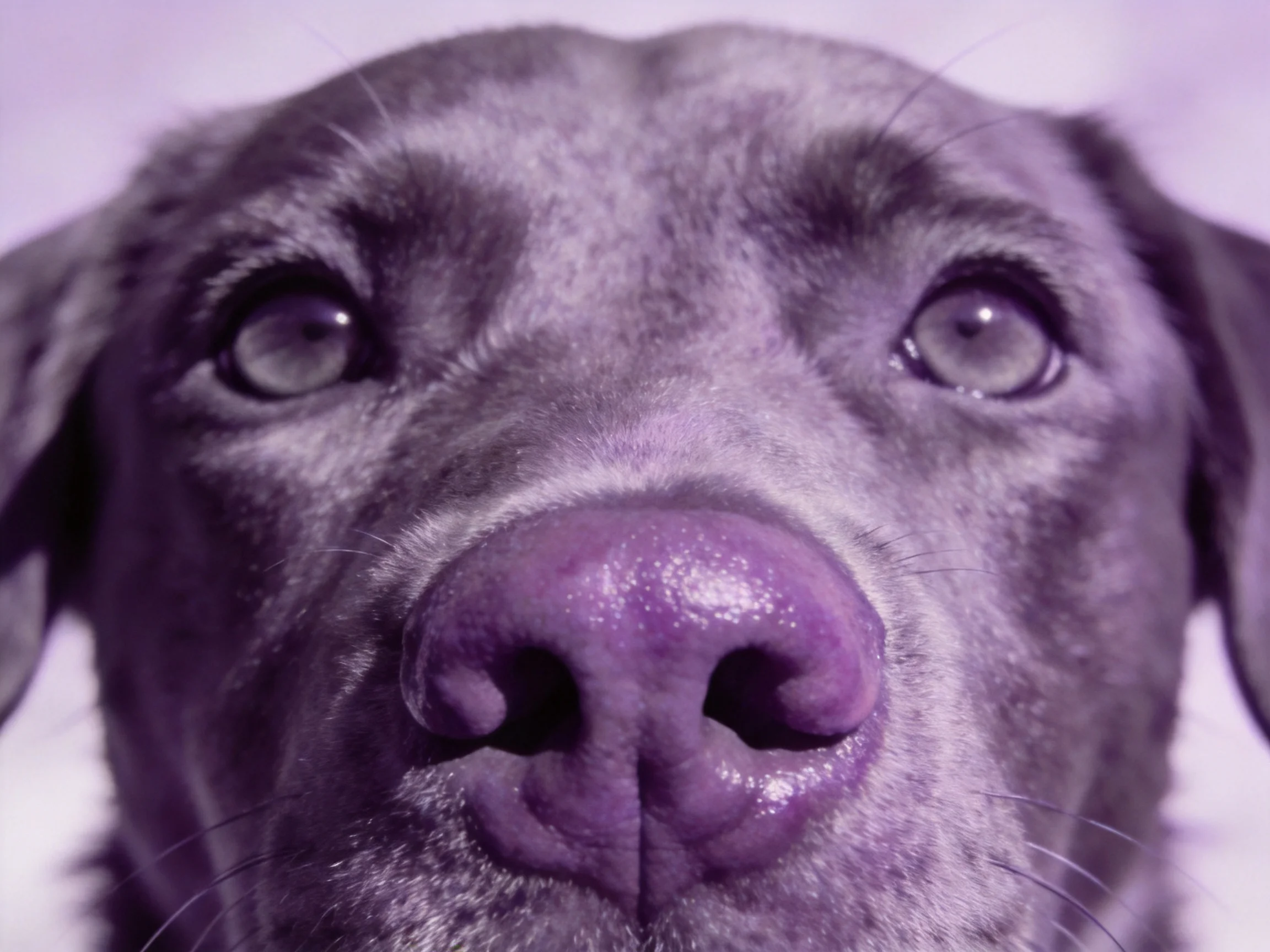 A purple - toned close - up of a dogs face