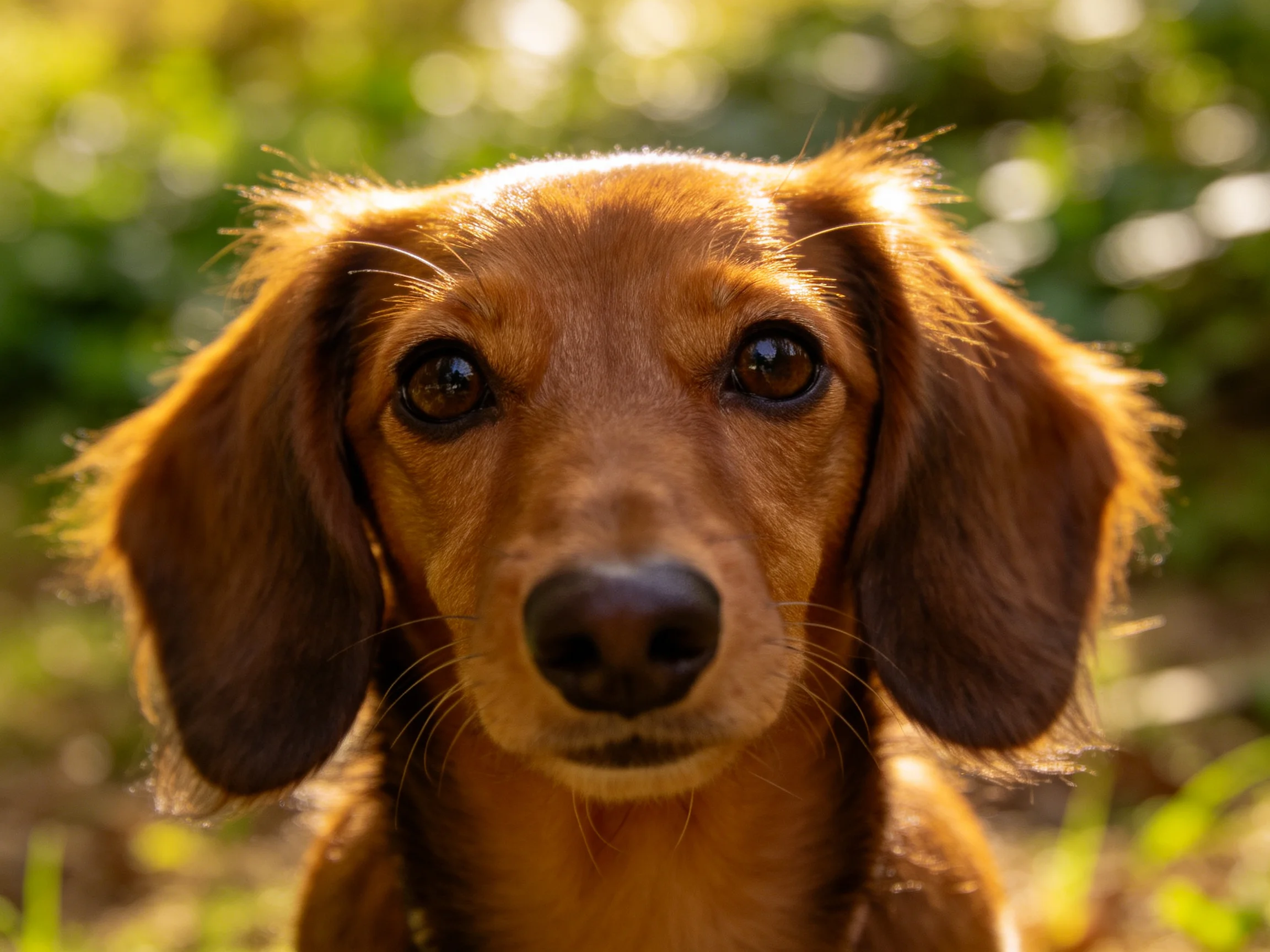 Richly colored long-haired dachshund in sunlit outdoor setting