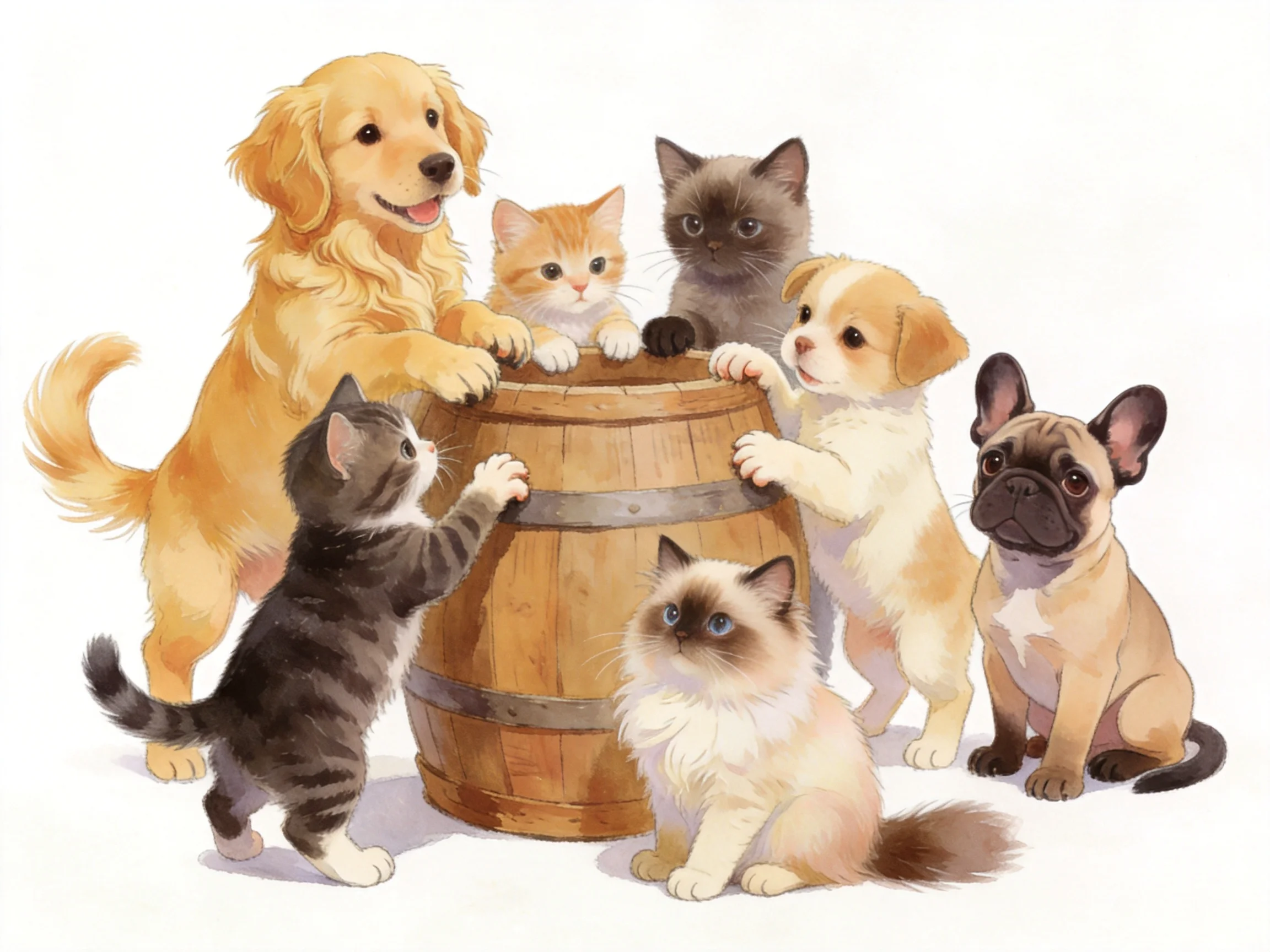Pets of various breeds cluster around a wooden barrel.