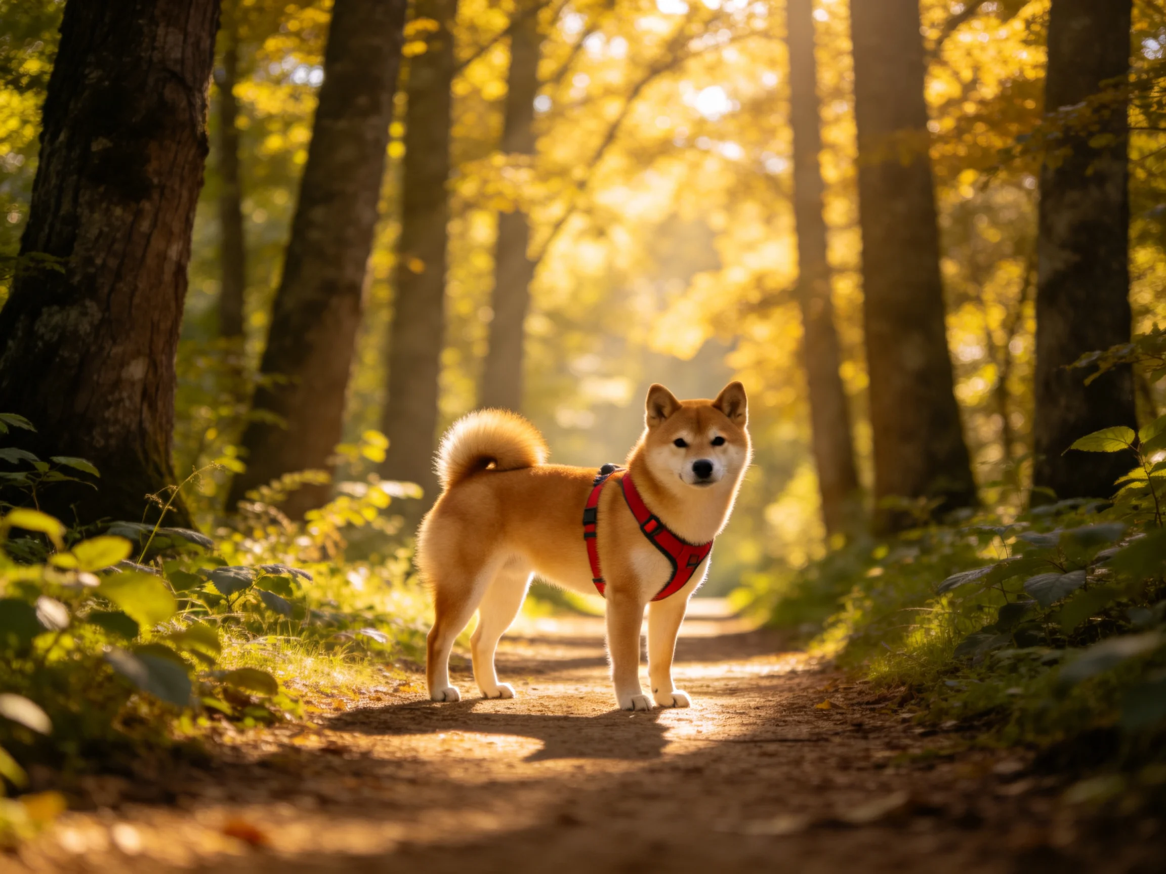 Shiba Inu with red harness on sun-dappled forest path