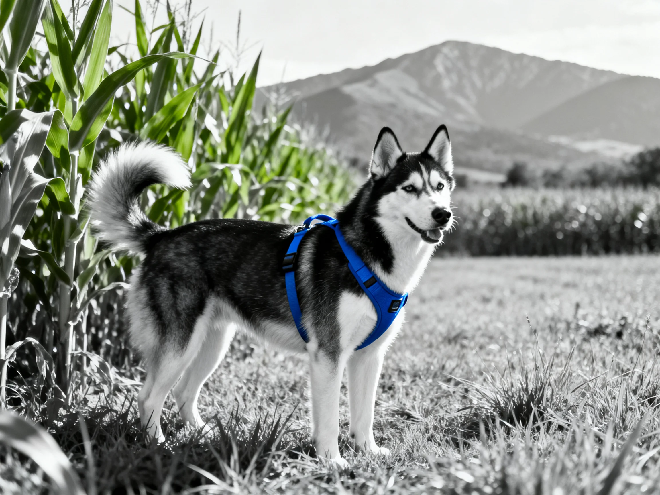 Siberian Husky in Blue Harness Near Cornfield with Mountain View