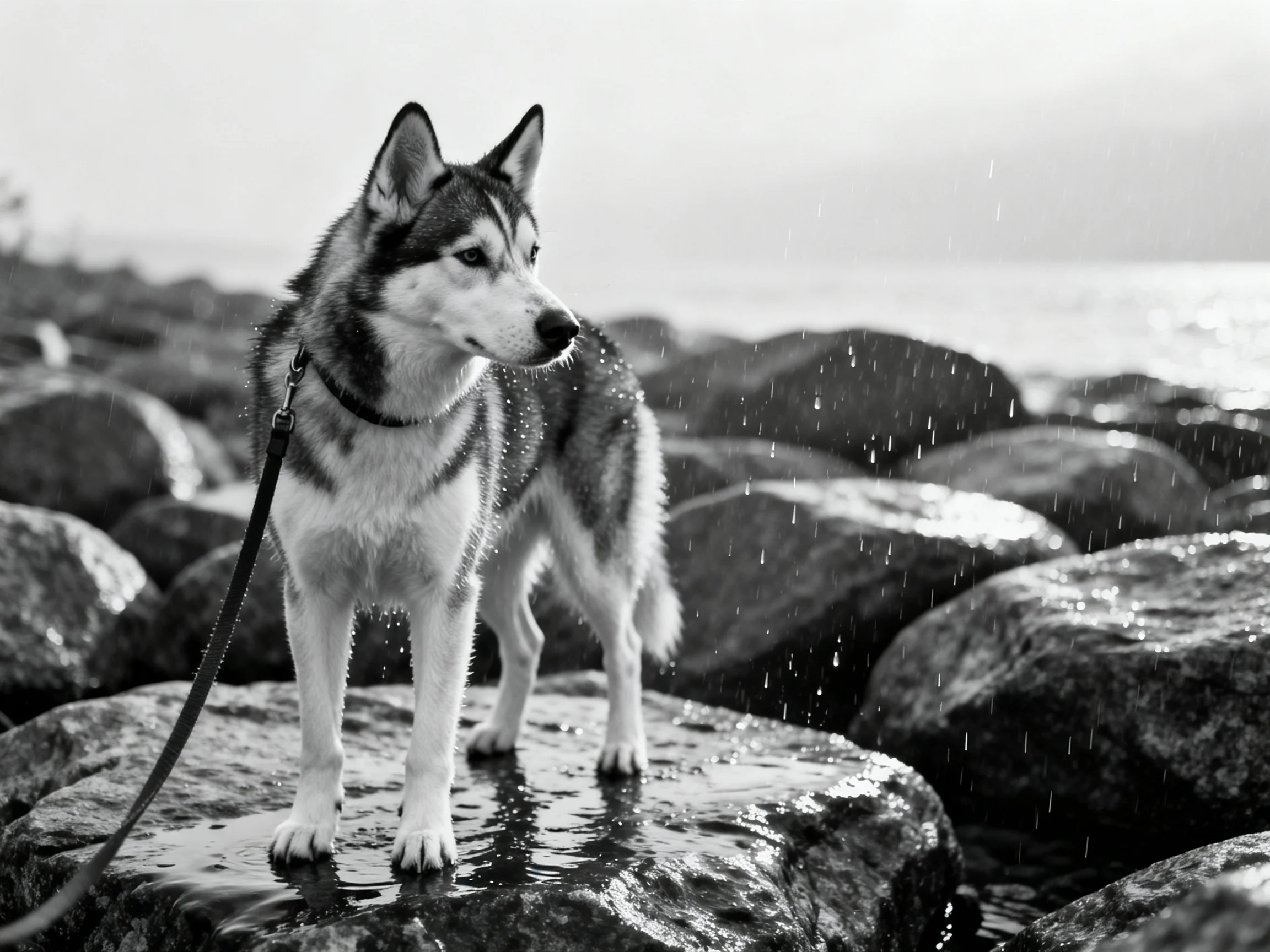 Siberian Husky on wet rocks during rainfall