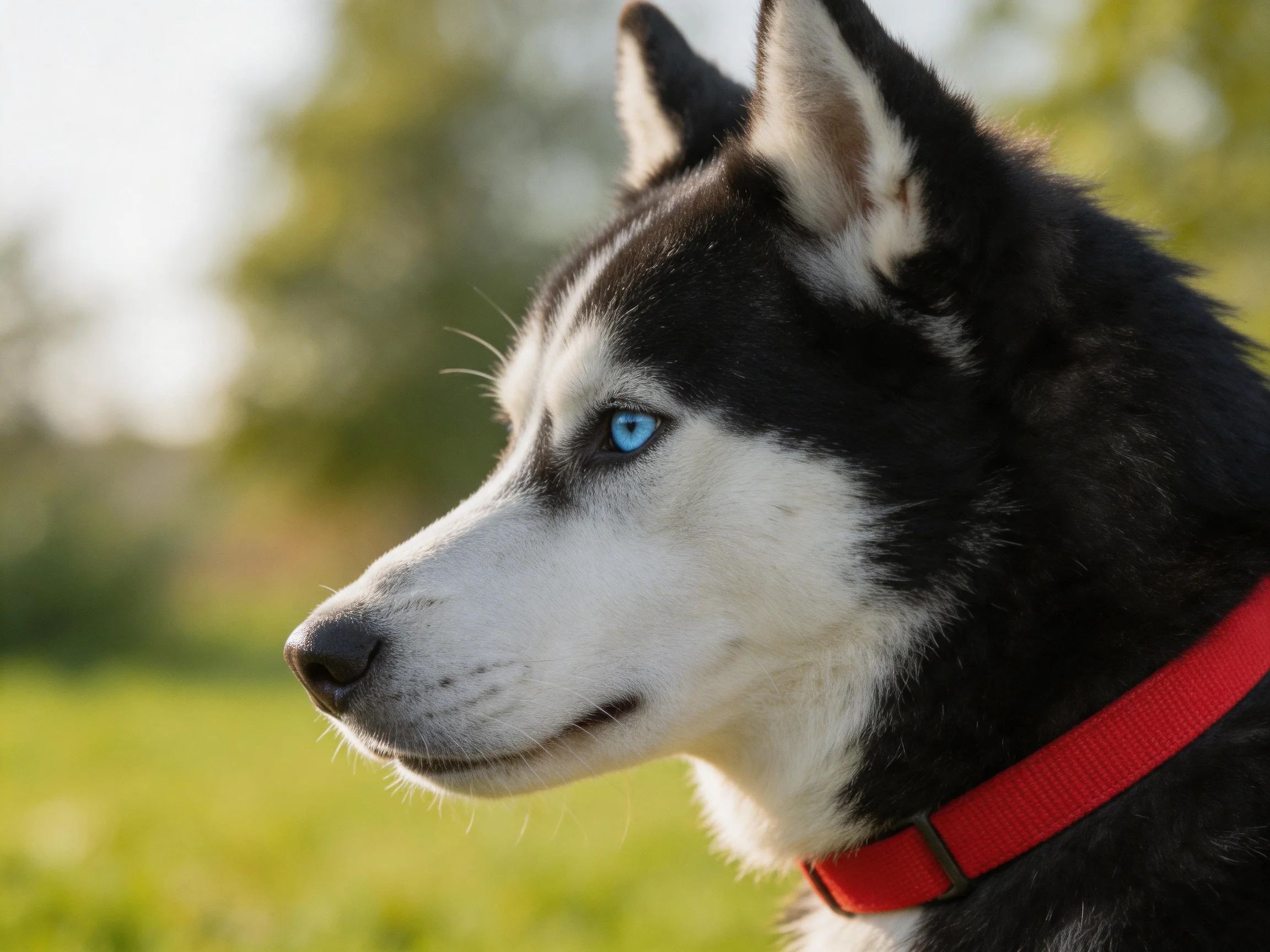 Siberian Husky with vivid blue eyes and red collar in a sunlit field