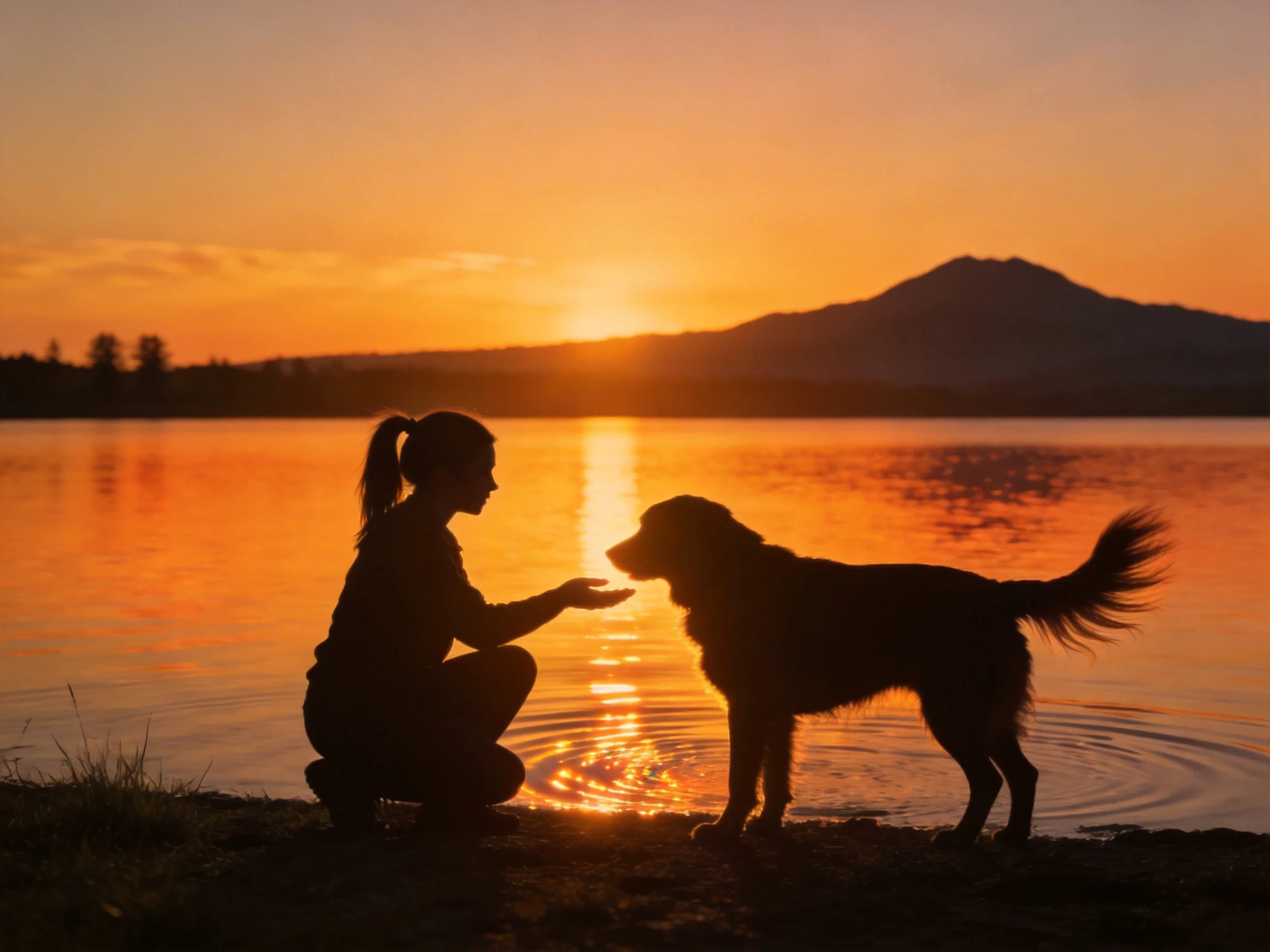 A silhouetted woman interacts with a dog at a lakeside sunset.